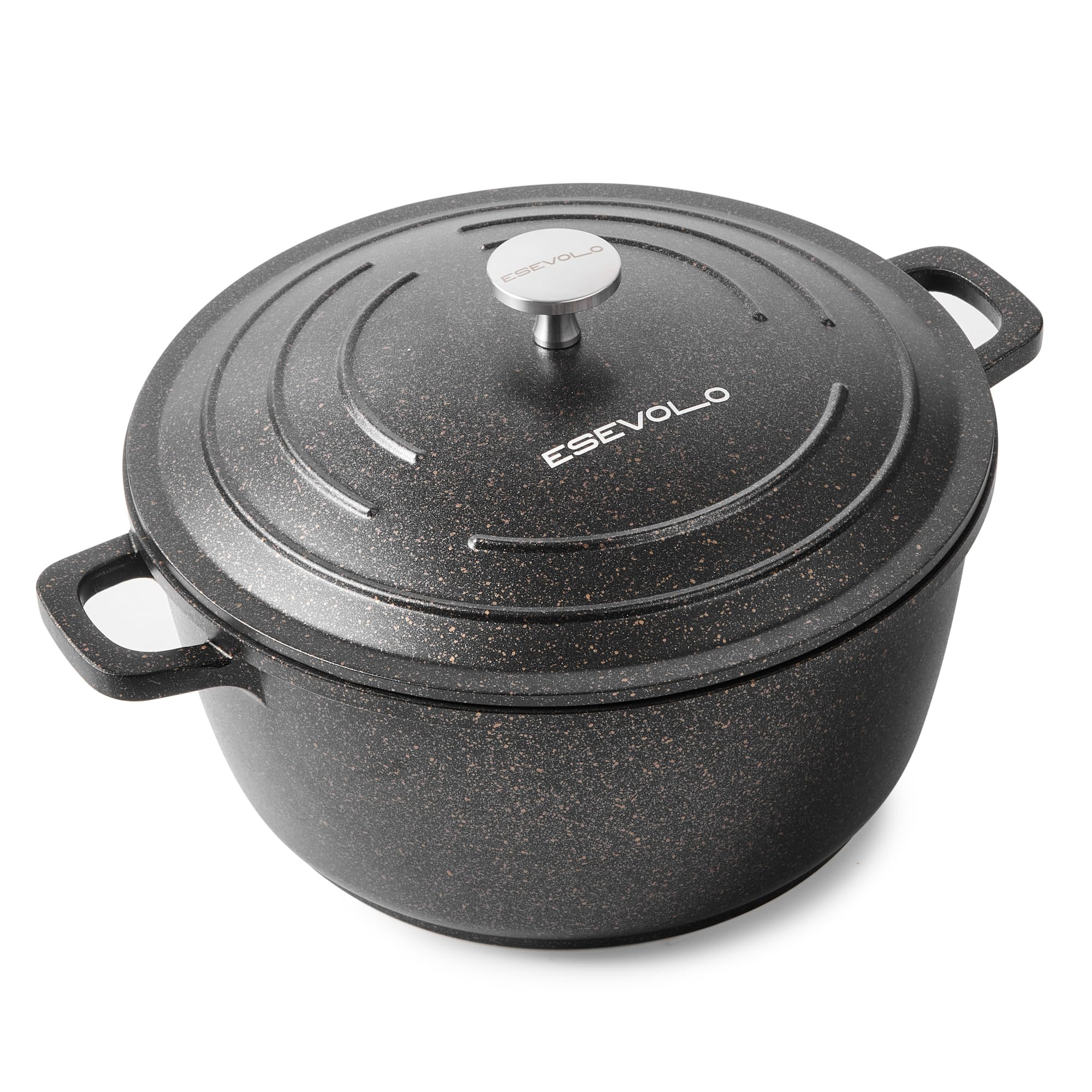 Olla de hierro fundido (24 cm), diseño redondo de aluminio fundido con revestimiento antiadherente, olla con tapa, ideal para sopa, estofados, pan, horno y gas, color negro