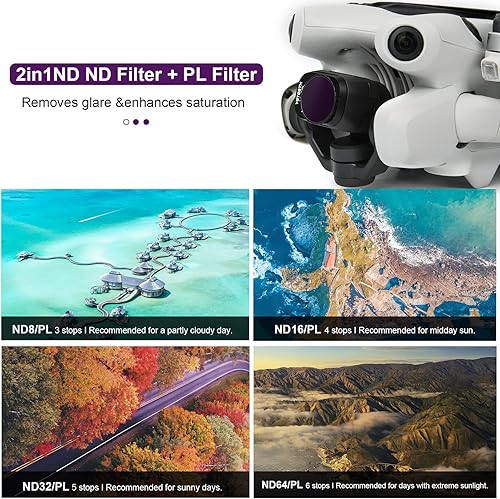 Miniatura 2 de YETEETH Juego de filtros NDPL para DJI Mini 4 Pro, paquete de 6 (ND16PL ND32PL ND64PL) vidrio HD multicapado, sin color fundido y elimina