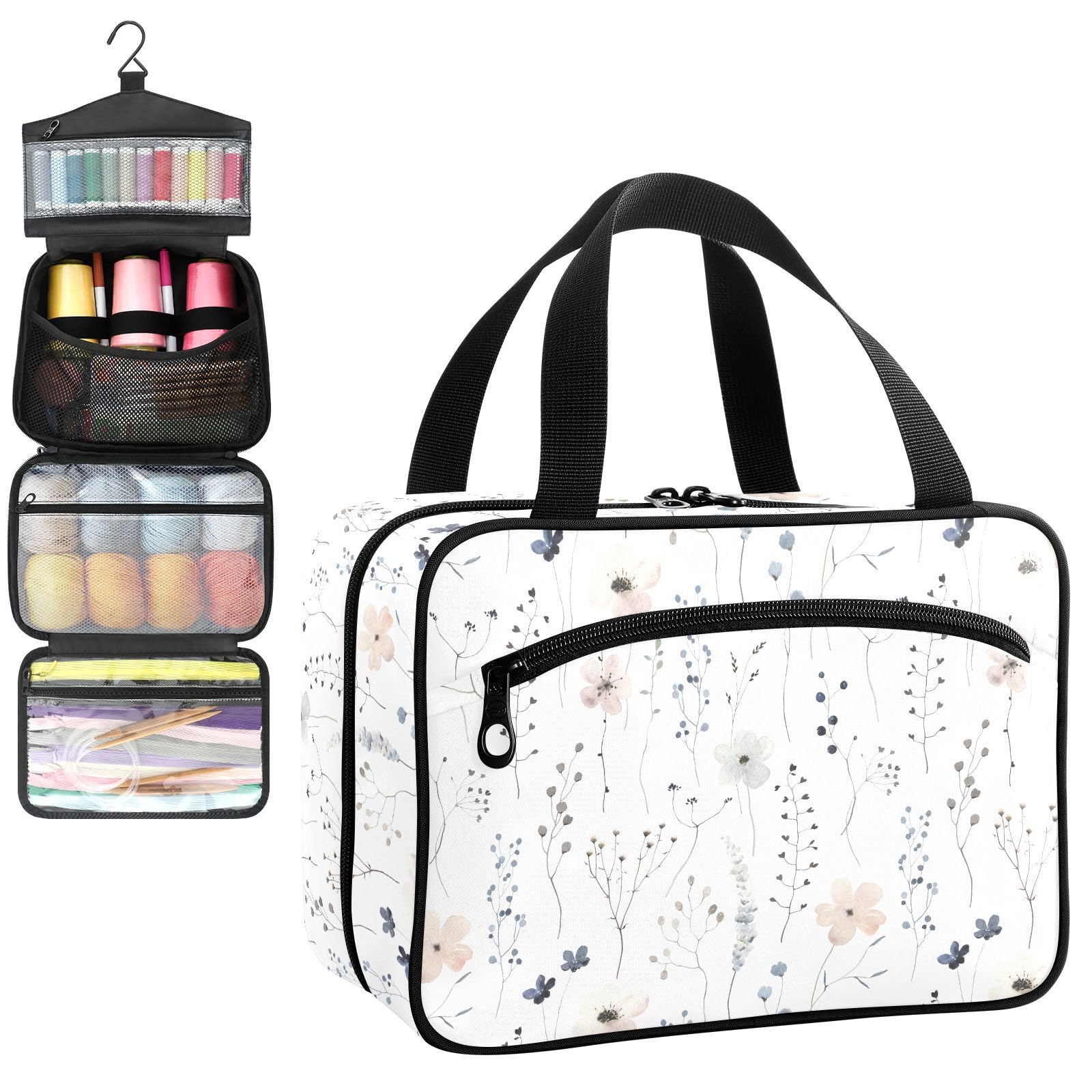 YNNALE Sewing Supply Organizer Bag, Watercolor Wildflower Floral Portable Sewing Bags with Pockets&Hanger, Sewing Storage Box Case for Sew Supplies/Kit/Tools/Accessories (BAG ONLY)