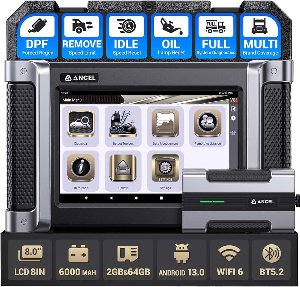ANCEL HD8000 Full-System Heavy Duty Truck Scanner with DPF Regeneration, Idle&Limited Speed Adjustment and Service Reset, Diesel OBD2 for Universal Heavy-Duty Trucks, Lifetime Free Updates Global Recycled Standard