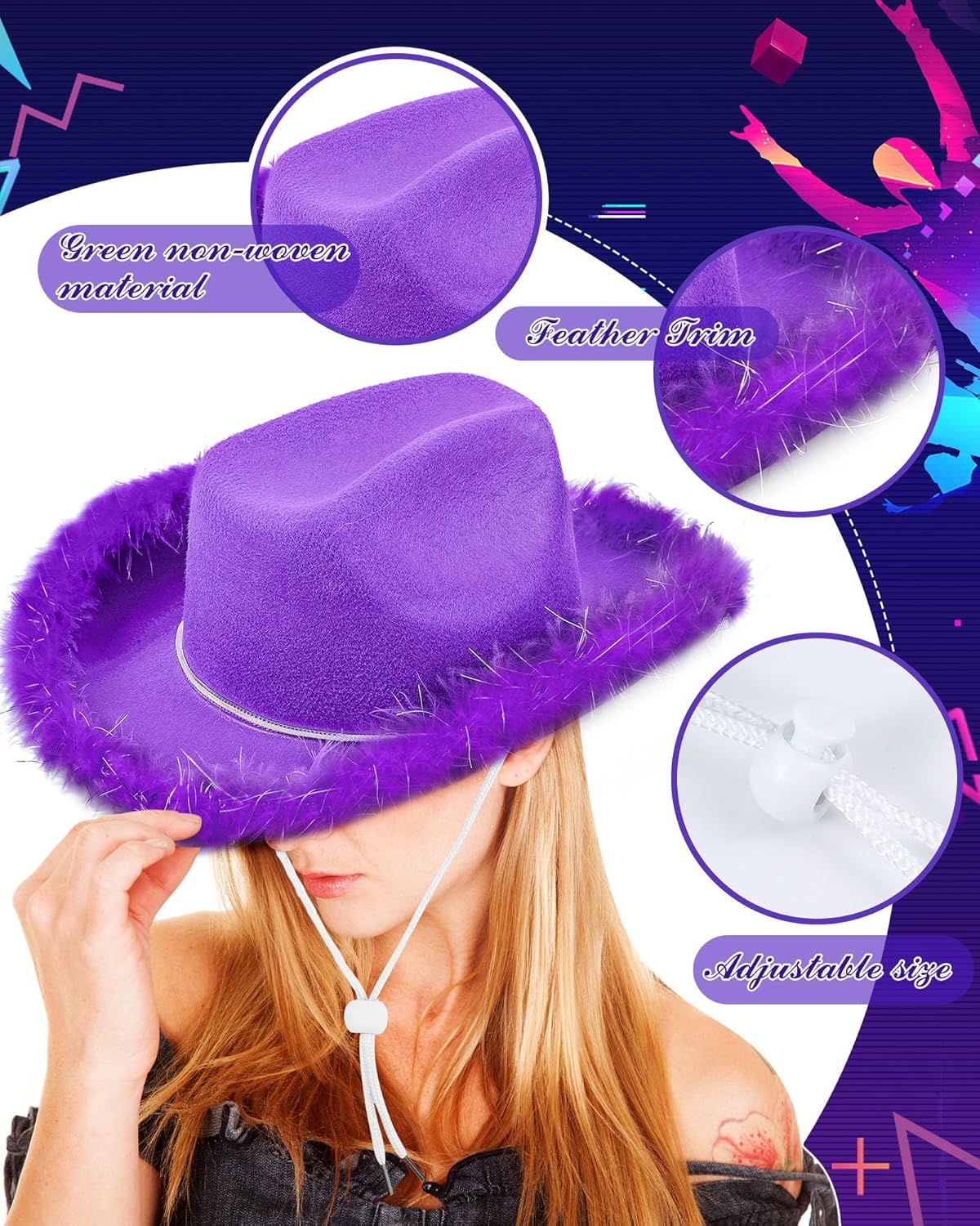 3 Set Pink Cowgirl Hat Western Cowboy Hat with Feather Heart Sunglasses for Preppy Costumes Bachelorette Wedding Party - Image 3