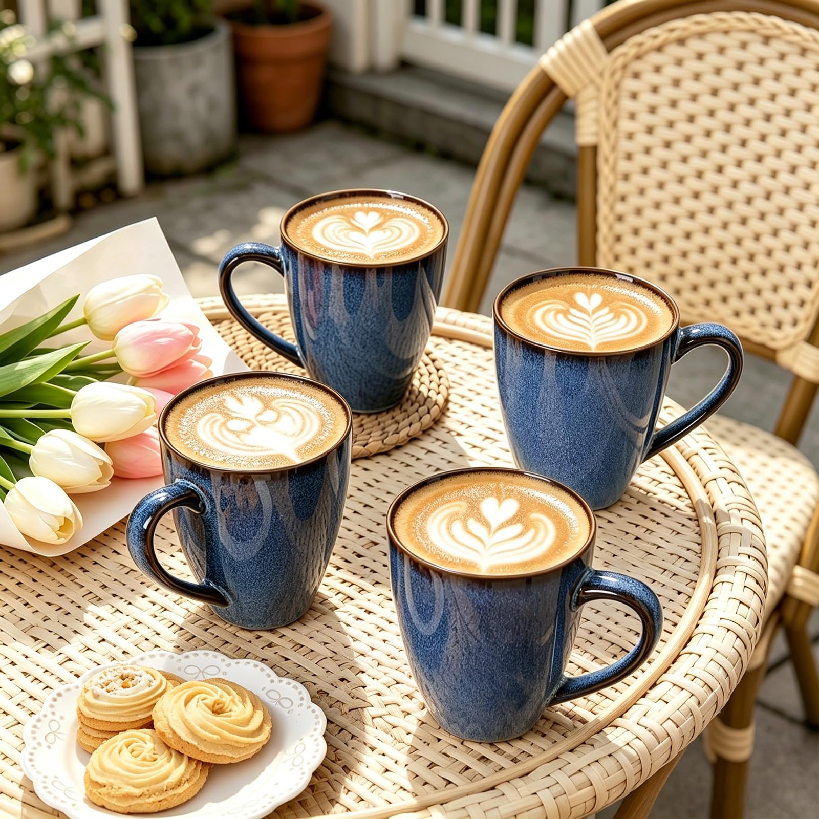 MONITO Zestaw 6 kubków do kawy, duże ceramiczne kubki do kawy, nowoczesne, z uchwytem, do herbaty, latte, cappuccino, mleka, kakao, biura i domu, dla par, gwiaździste niebieskie