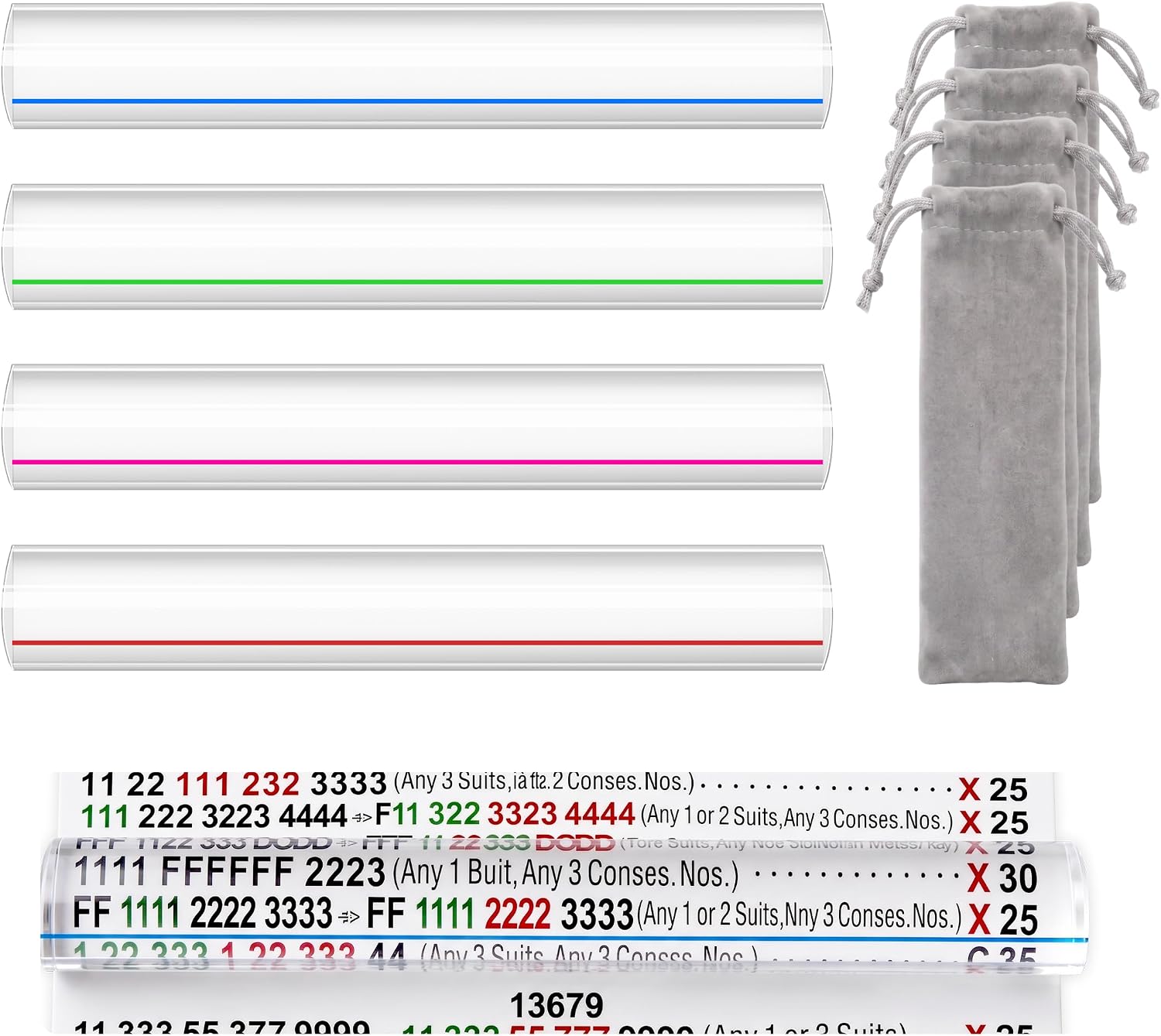 4 Pack Mahjong Magnifying Readers with 4 Color Guide Lines & Velvet Pouches
