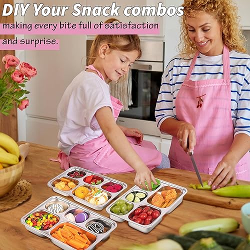 Miniatura 8 de Contenedores de aperitivos de acero inoxidable con tapas - Paquete de 3 - Cajas de aperitivos bento de 5 compartimentos - Contenedores de almuerzo