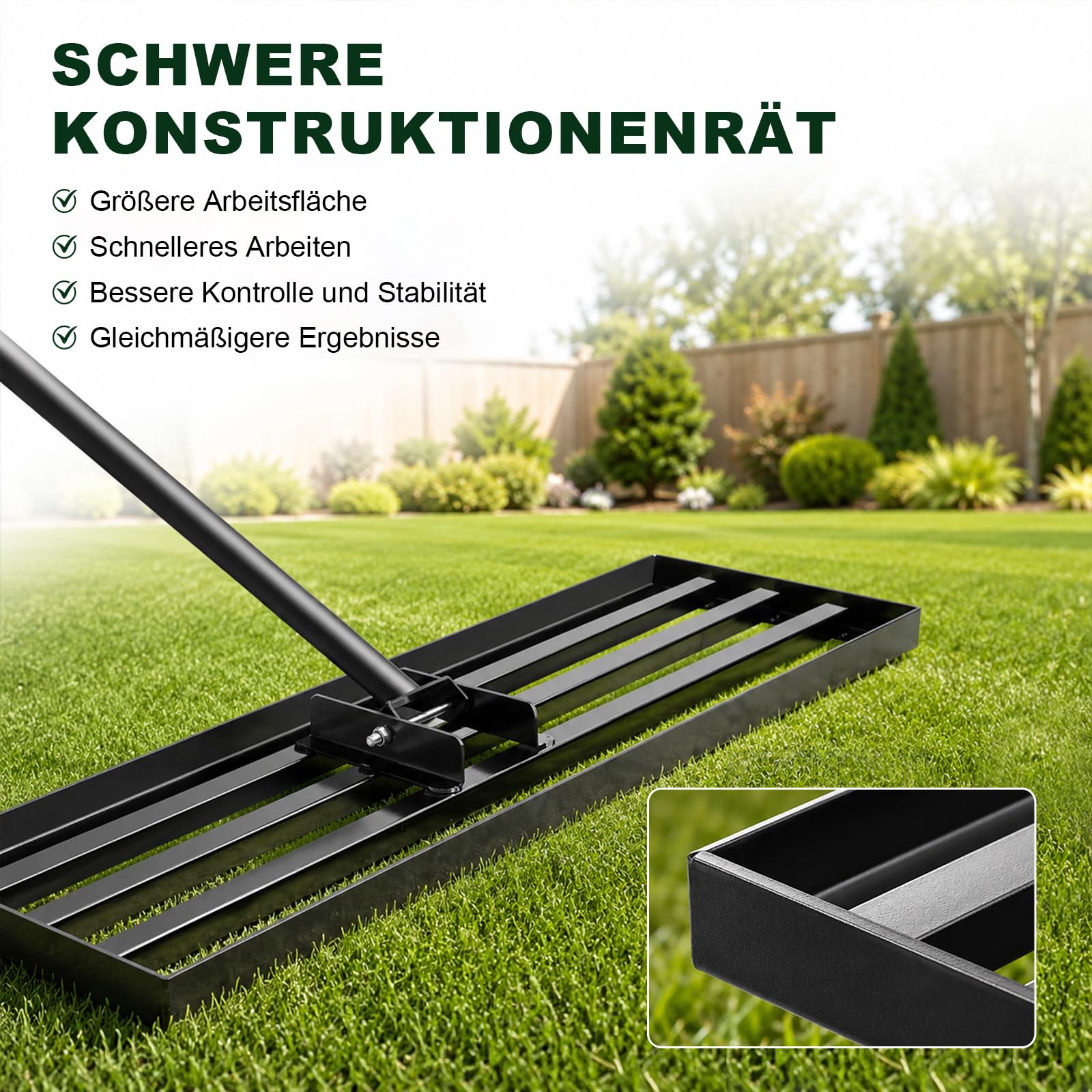 Rasen Nivellierrechen 76,2 × 25,4 cm mit 213 cm Edelstahlstiel, Rasenrechen aus verstärktem Stahl, Schwenkbarer Kopf, Rechen zum Einebnen von Erde, Rasen Nivelliergerät für Garten und Landschaftsbau