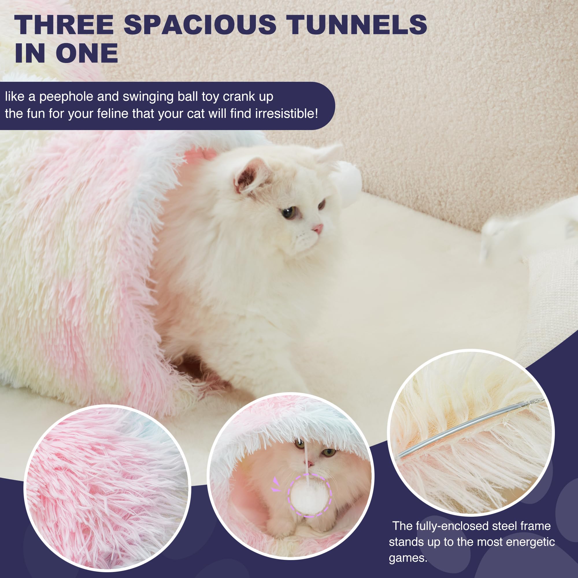 Tempcore Tunnel per gatti in peluche, pieghevole a 3 vie, tunnel per interni, giocattolo per animali domestici, gattino, coniglio, arcobaleno