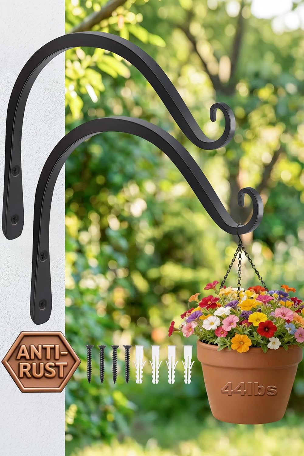 Gtongoko 2 Pack 15 Inch Plant Hangers Outdoor Metal, Plant Hooks for Wall Indoor, Outdoor Hooks for Hanging Bird Feeders, Plant Bracket, Lanterns, Wind Chinme, Black