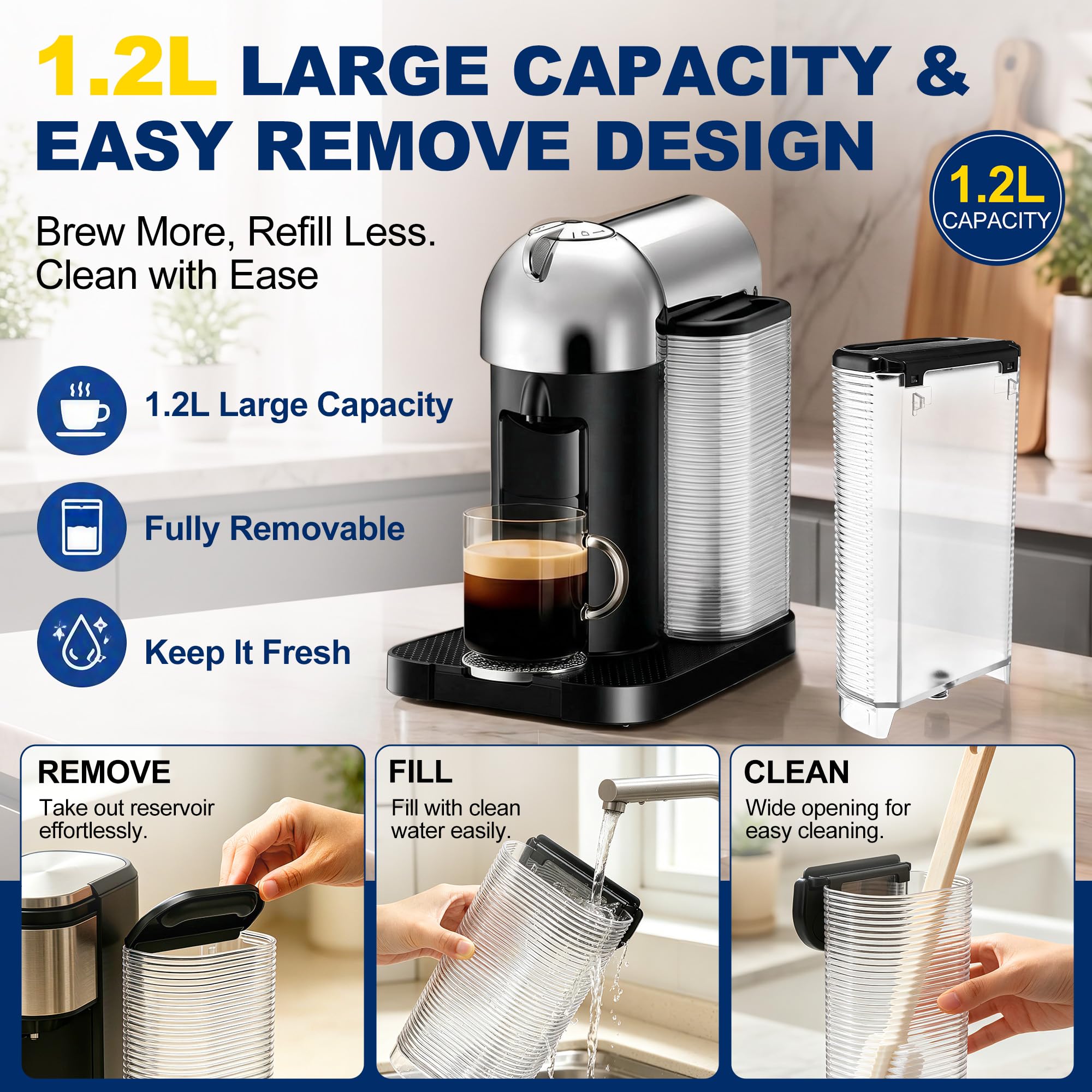 Feekoon Depósito de agua de repuesto compatible con cafetera espresso Nespresso Krups Breville Vertuo, compatible con cafetera Nespresso Vertuo XN9018 XN901840 BNV220, 1.2L