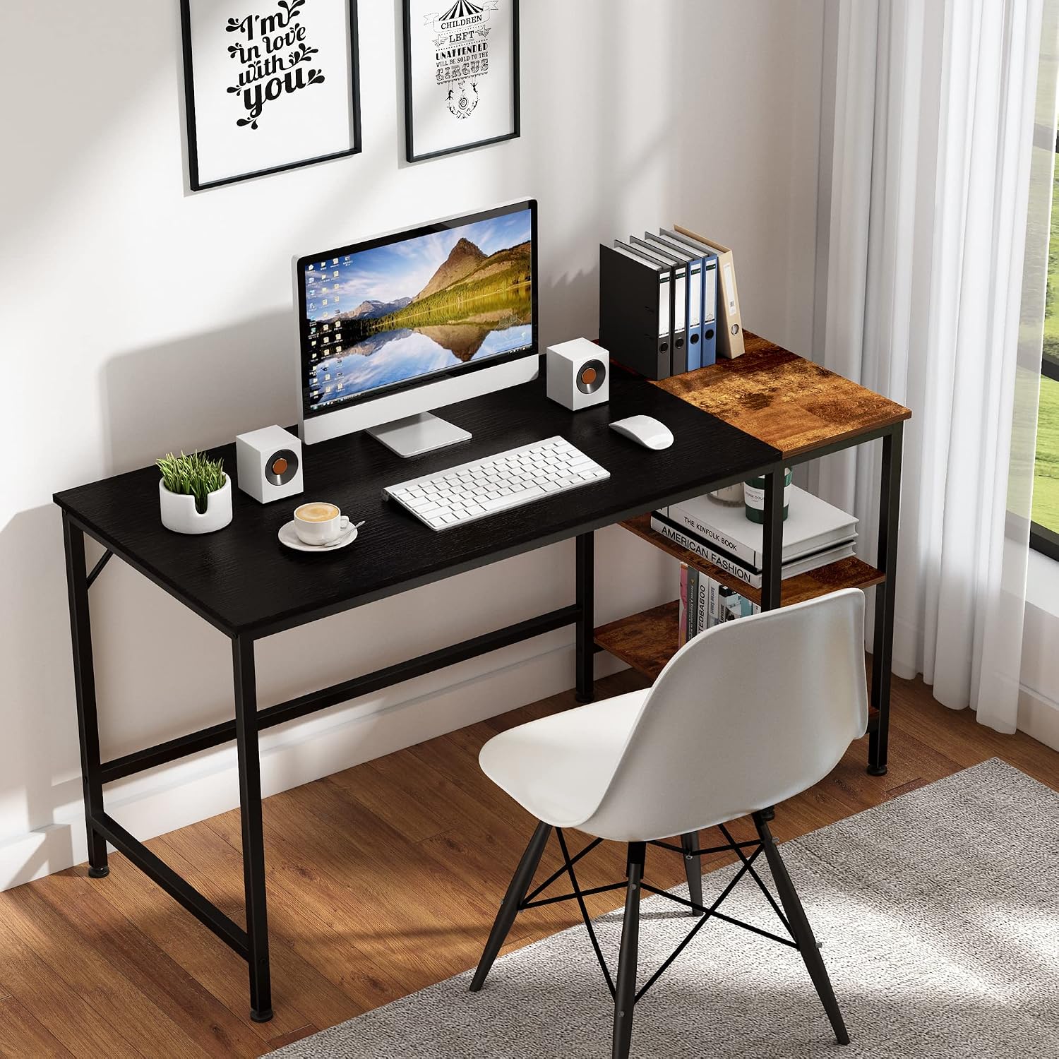 JOISCOPE Home Office Computer Desk,Small Study Writing Desk with Wooden Storage Shelf,2-Tier Industrial Style Laptop Table，Gaming Table with Splice Board，60 inches(Black Oak Finish)