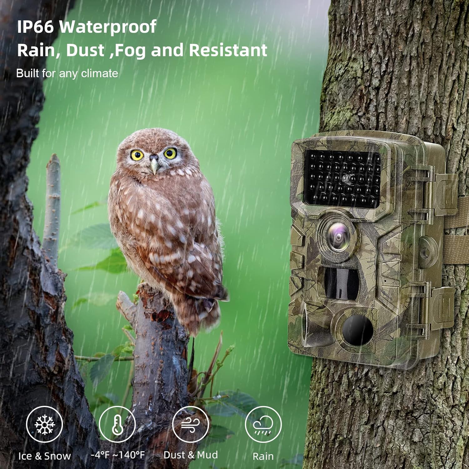 An owl perched on a branch next to the VANBAR D500 Trail Camera, with text highlighting its IP66 waterproof rating and resistance to rain, dust, fog, ice, snow, and temperatures from -4°F to 140°F.