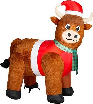 6.5 Gemmy Airblown Inflatable Christmas Mixed Media Fuzzy Highland Cow w/Santa Hat Yard Decoration 885190