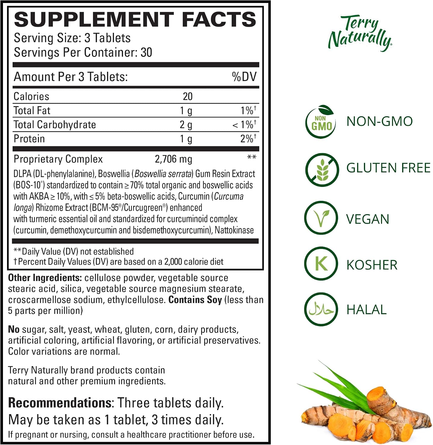 Terry Naturally Curamin Extra Strength - 90 Tablets - Non-Addictive Pain Relief Supplement with Curcumin from Turmeric, Boswellia & DLPA - Non-GMO, Vegan, Gluten Free - 30 Servings