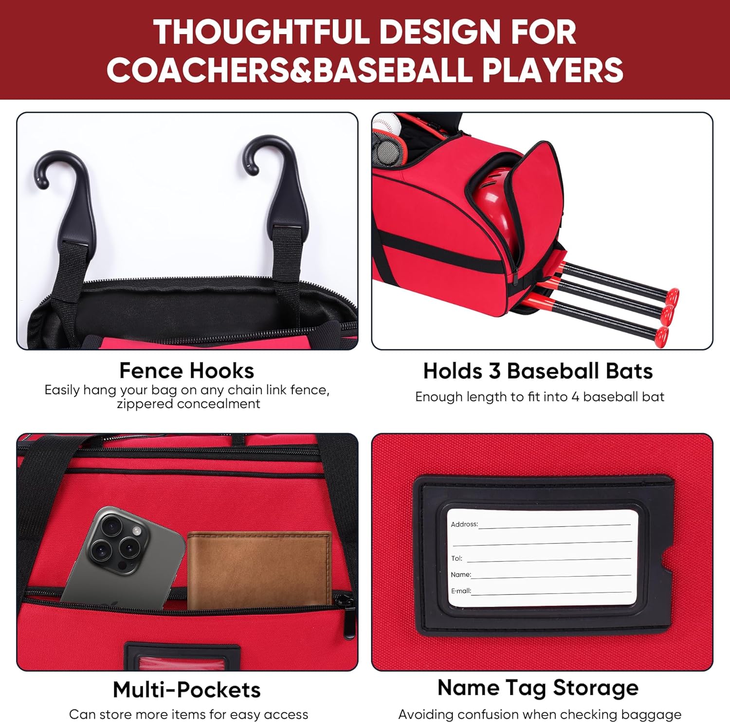 Large Rolling Catcher Gear Bag, Soft Baseball Bag With Wheels for 4 Bats, Multi-Pockets, Fence Hook, Holds All Softball Baseball Equipment