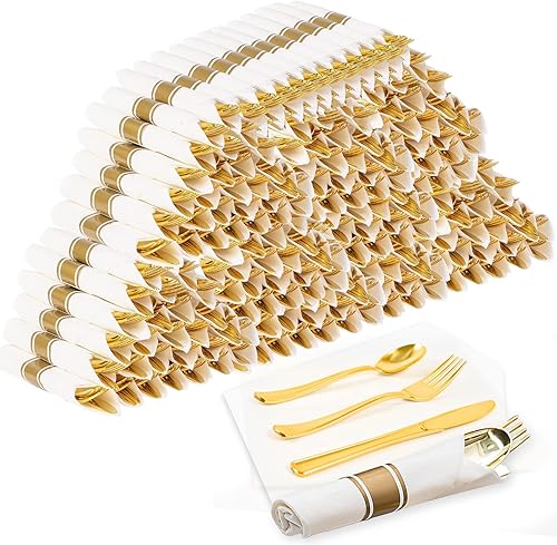 Cubiertos de plástico dorado preenrollados paquete de 60 utensilios de plástico desechables juego de cubiertos envueltos con 60 tenedores 60