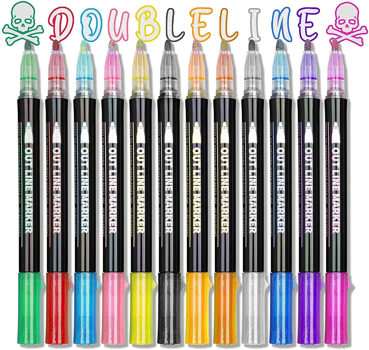 Trusmile Double Line Outline Pens, Shimmer, Self Outline Metallic Pens for Greeting Cards/Drawing/Craft Projects/Posters/Painting/Kid and Self Journal (12 Colors)