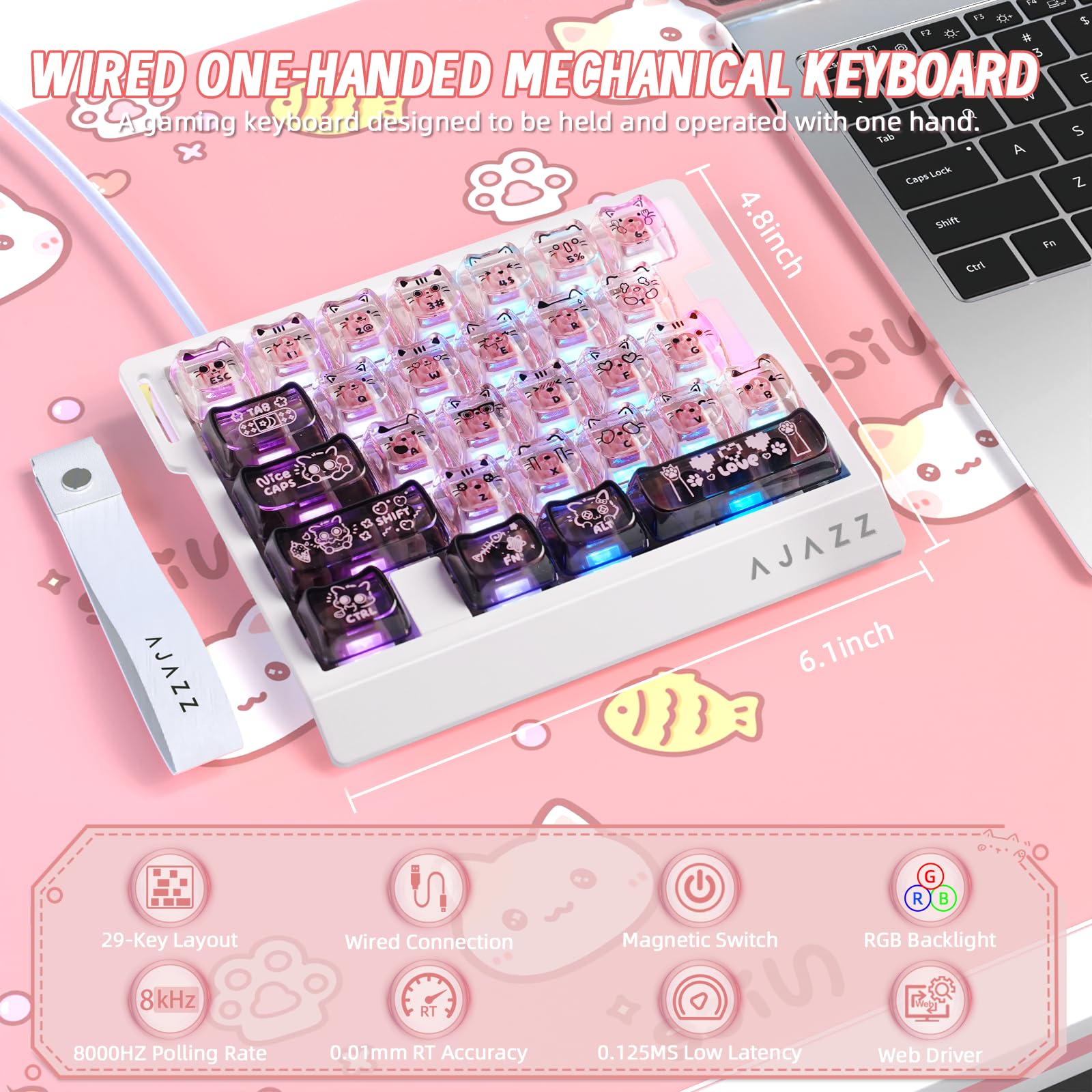 AJAZZ AK029 Clavier Gaming RGB à Une Main Filaire 29 Touches - Noir Rose | Taux Polling 8KHz,Commutateur Magnétique RT 0,01mm Hot-Swap,Plaque de Montage Alliage d'Aluminium,5 Couches Réduction Bruit