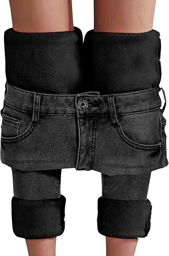 Womens Fleece Lined Jeans Thermal Flannel Lined Jeans Winter Warm Thicken Skinny Stretch Denim Pants