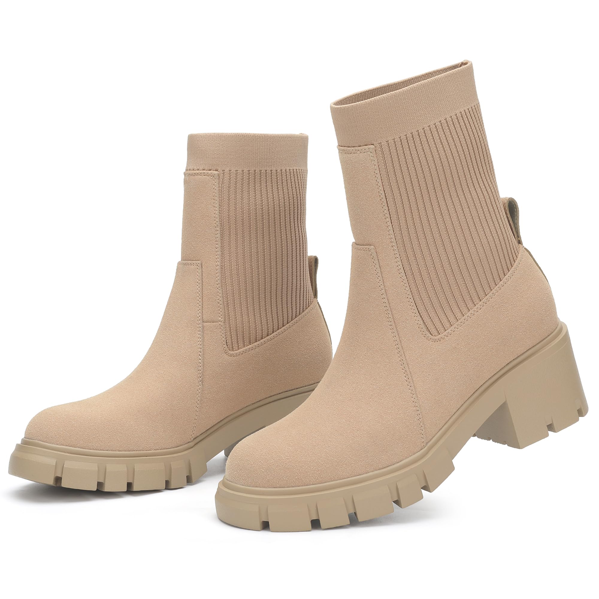 YULVSHOE Women's Chelsea Boots Comfortable Slip On Elastic Block Heel Platform Lug Sole Fashion Ankle Booties Nude 8 image_1
