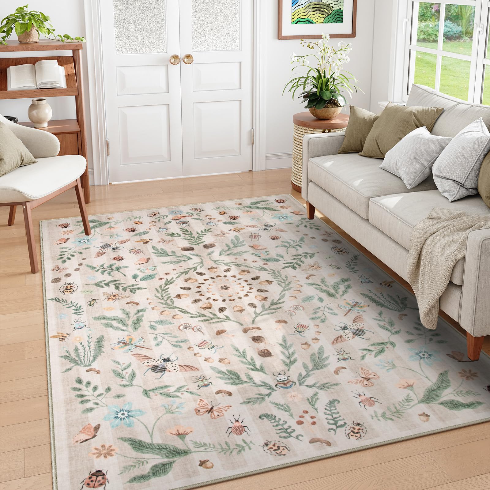 Lahome Insect Botanical Washable Beige 6x9 Area Rugs for Living Room, Non Slip Rugs for Bedroom, Boho Indoor Throw Dining Room Rugs for Under Table