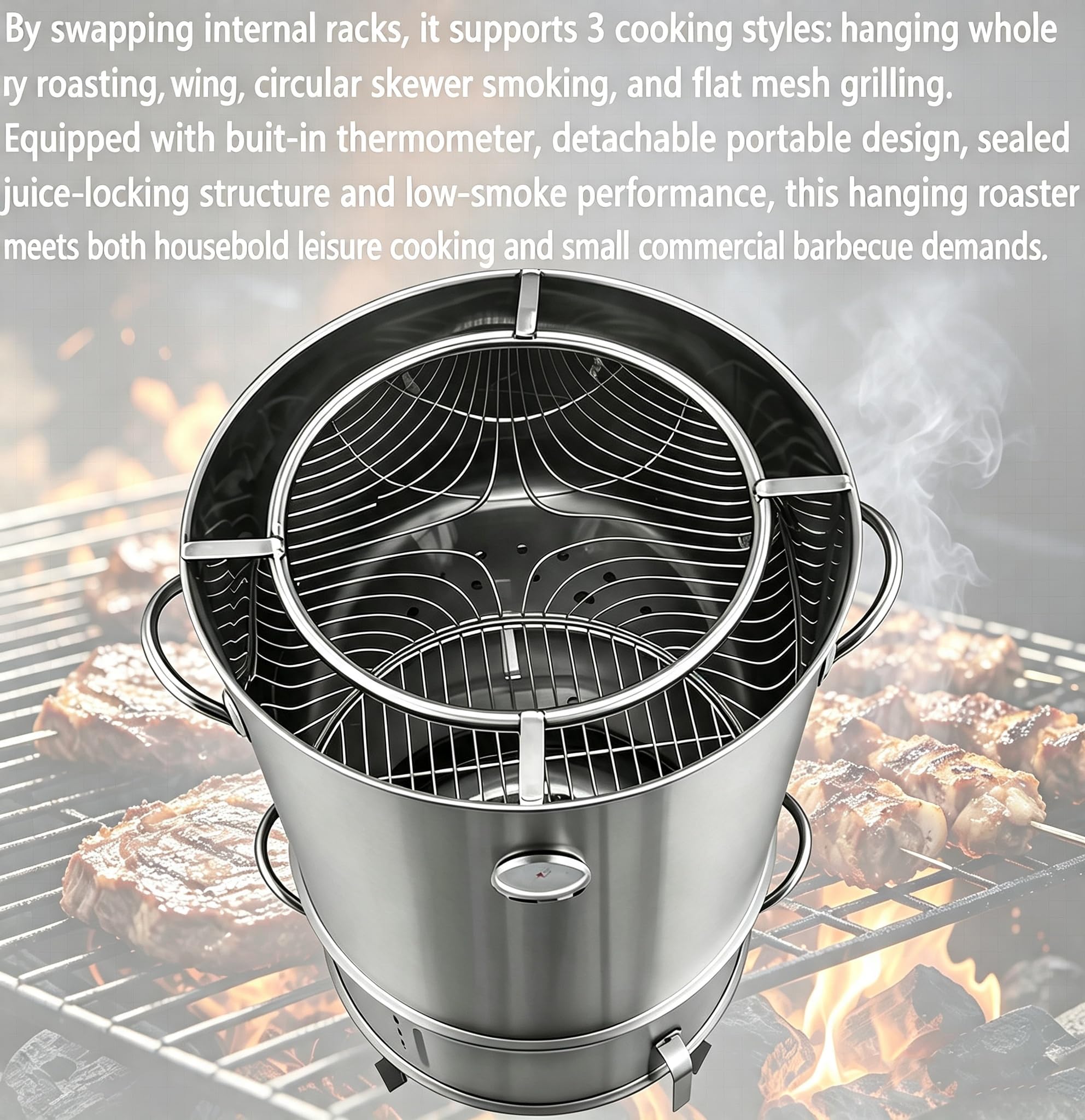 Barbecue A Carbone 3 in 1 con Termometro | Barile Arrostire Carne, Pollame Intero, Spiedini Circolari, Griglia Piatta, 3 Modalità Cottura, Ideale Per Patio E Campeggio