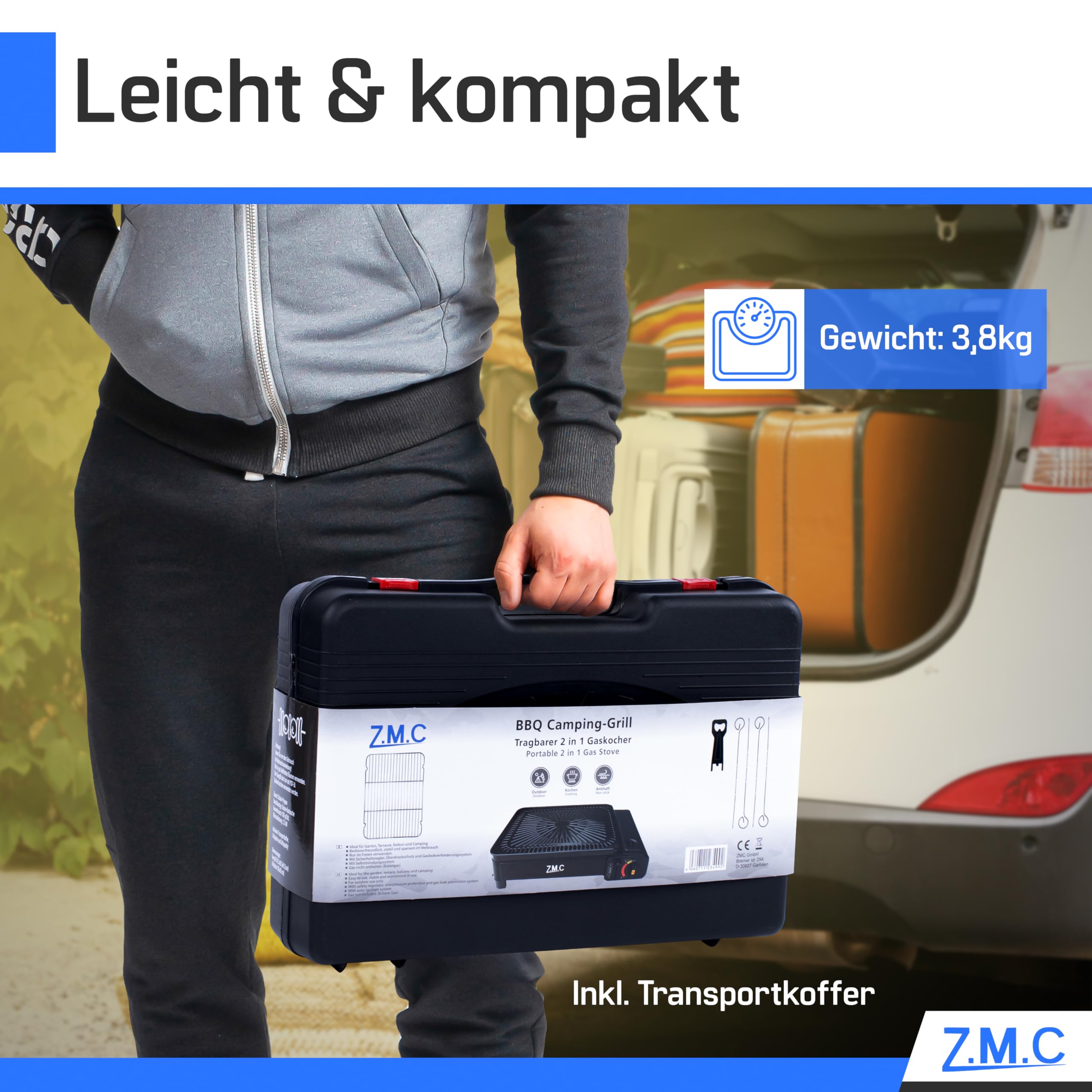 Z.M.C Réchaud de camping et grille à gaz 2 en 1, inclut accessoires pour barbecue et mallette + 12 cartouches de gaz MSF-1a de 227 g, réchaud à gaz de 2,2 kW avec connexion LPG pour camping