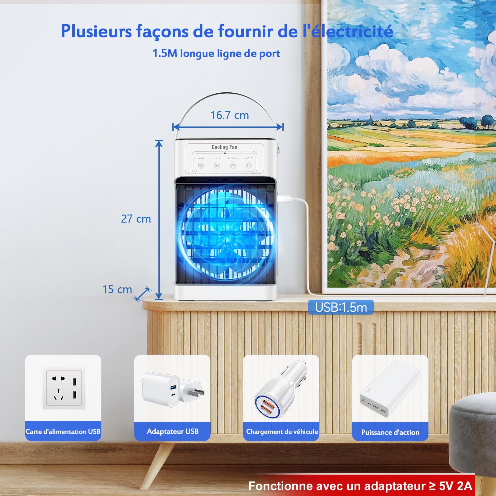 Portable Climatiseur Mobile, 1100ML Rafraichisseur d'air avec 3 Vitesses d'air & 3 Brumes de Refroidissement, 2-8H Timer & 7 LED,USB Clim Mobile pour Chambres,Appartements et Bureaux