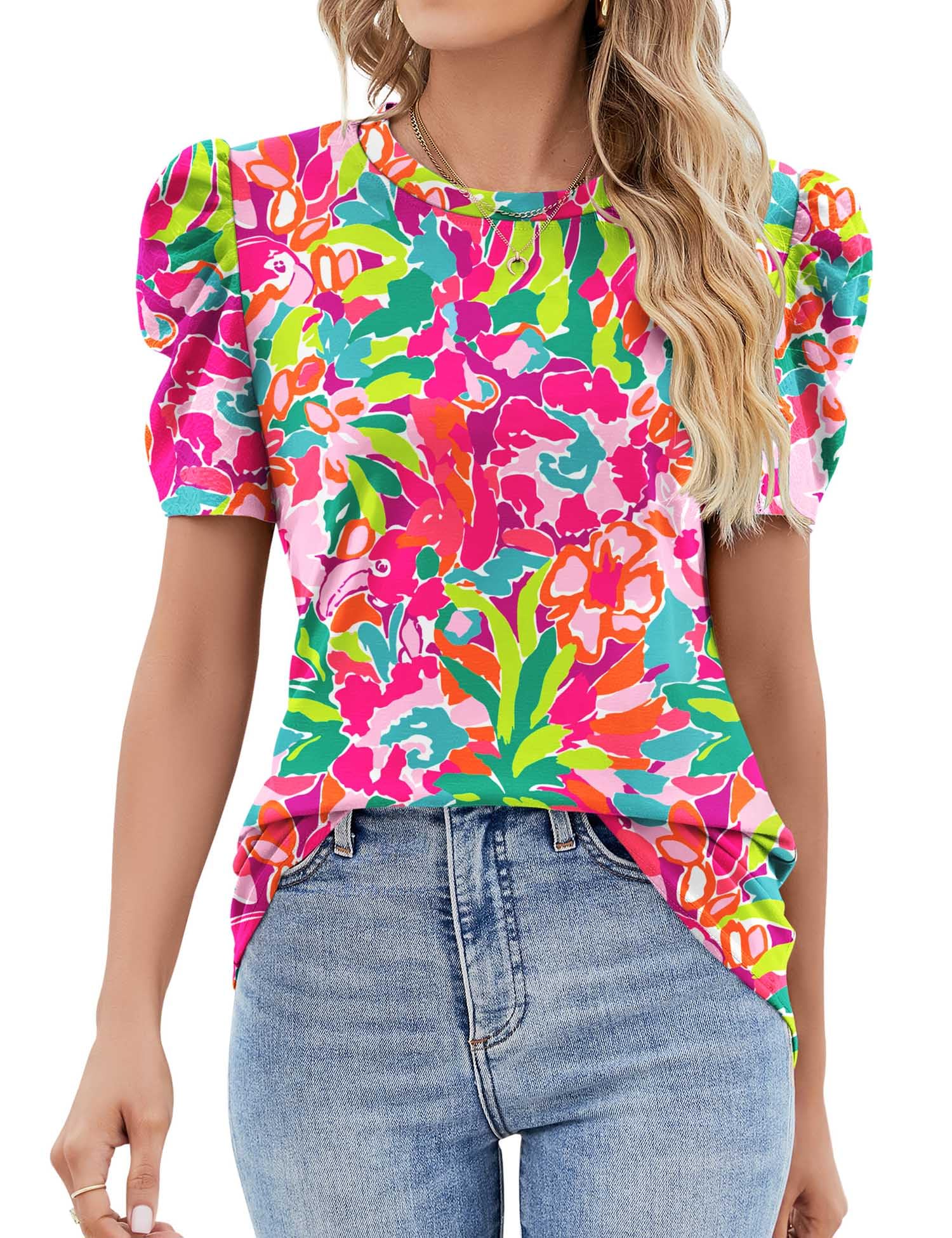 IECCP Bluse Damen Sommer T-Shirts Puff Spitze Kurzarm 2025 Sommer Oberteile Damen Rundhals Lässig Tunika T-Shirt Elegant