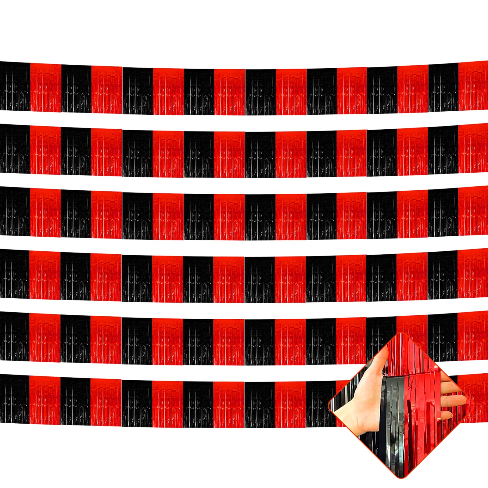 6 Pack 10 Feet Foil Fringe Garland Metallic Tinsel Streamers Banner Wall Hanging Backdrop for Parade Floats, Bachelorette, Casino Viva Las Vegas Game Night Birthday Party Decorations(Black Red)