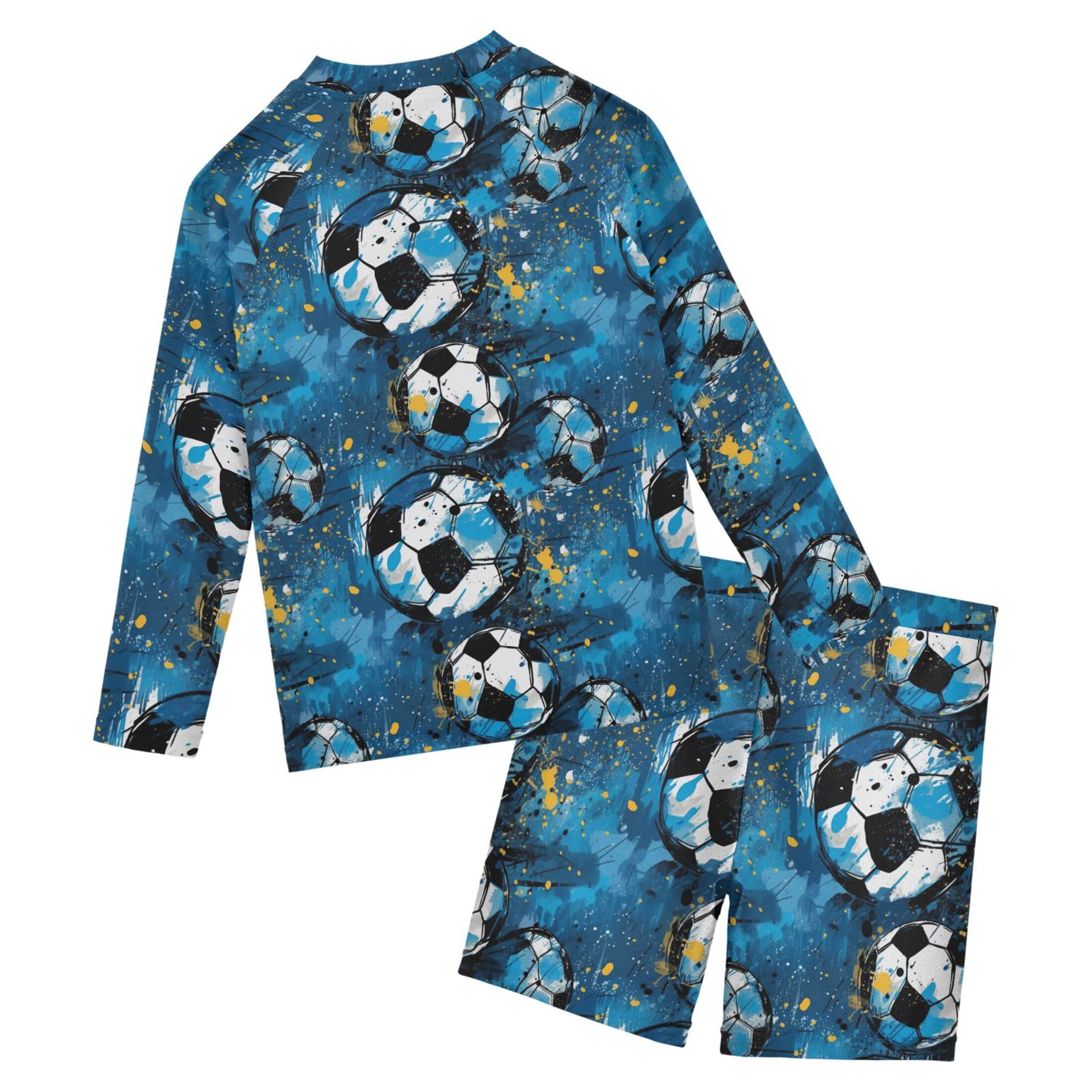 Football Soccer Sport Blue Toddler Boys' 2-Piece Swimsuit Trunk, Long Sleeve Rashguard Bathing Suit B0402949