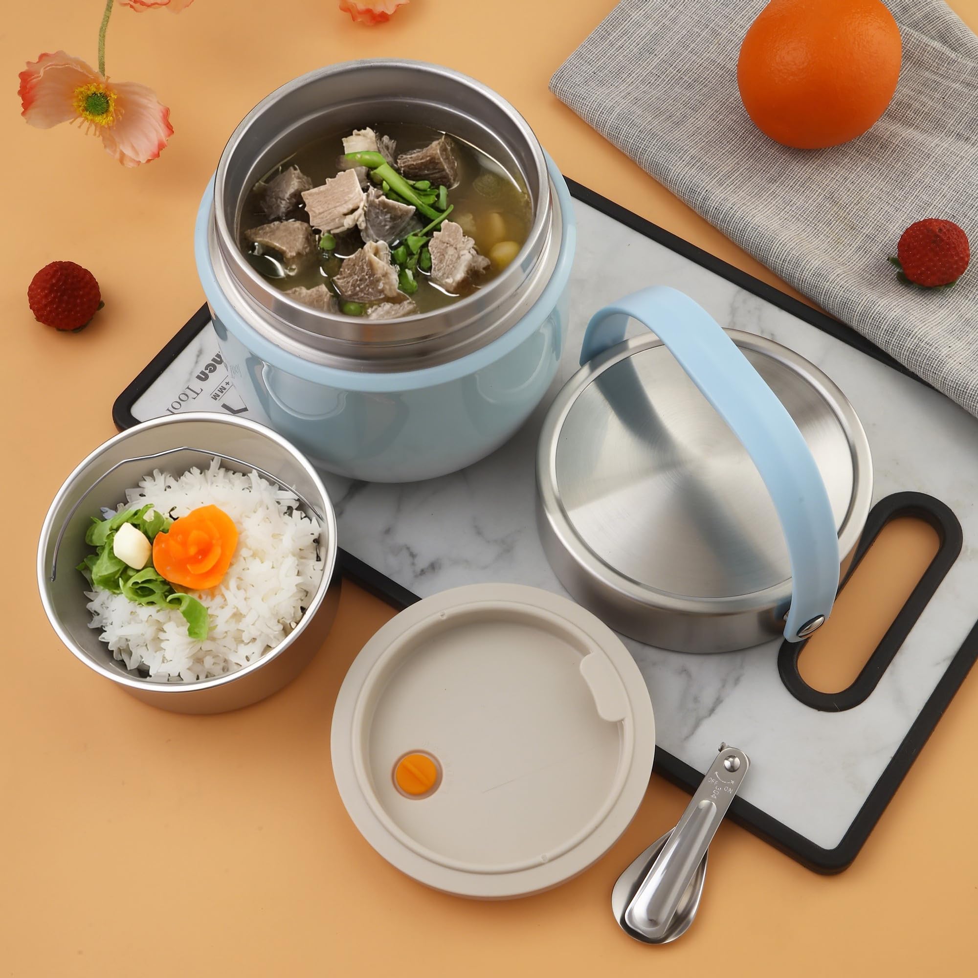Boîte Isotherme Alimentaire 1200 Ml Bleu – Lunch Box Inox Avec Couvercle Étanché, Cuillère Pliable Et Séparateur, Garde Chaud/Froid Jusqu'à 12h
