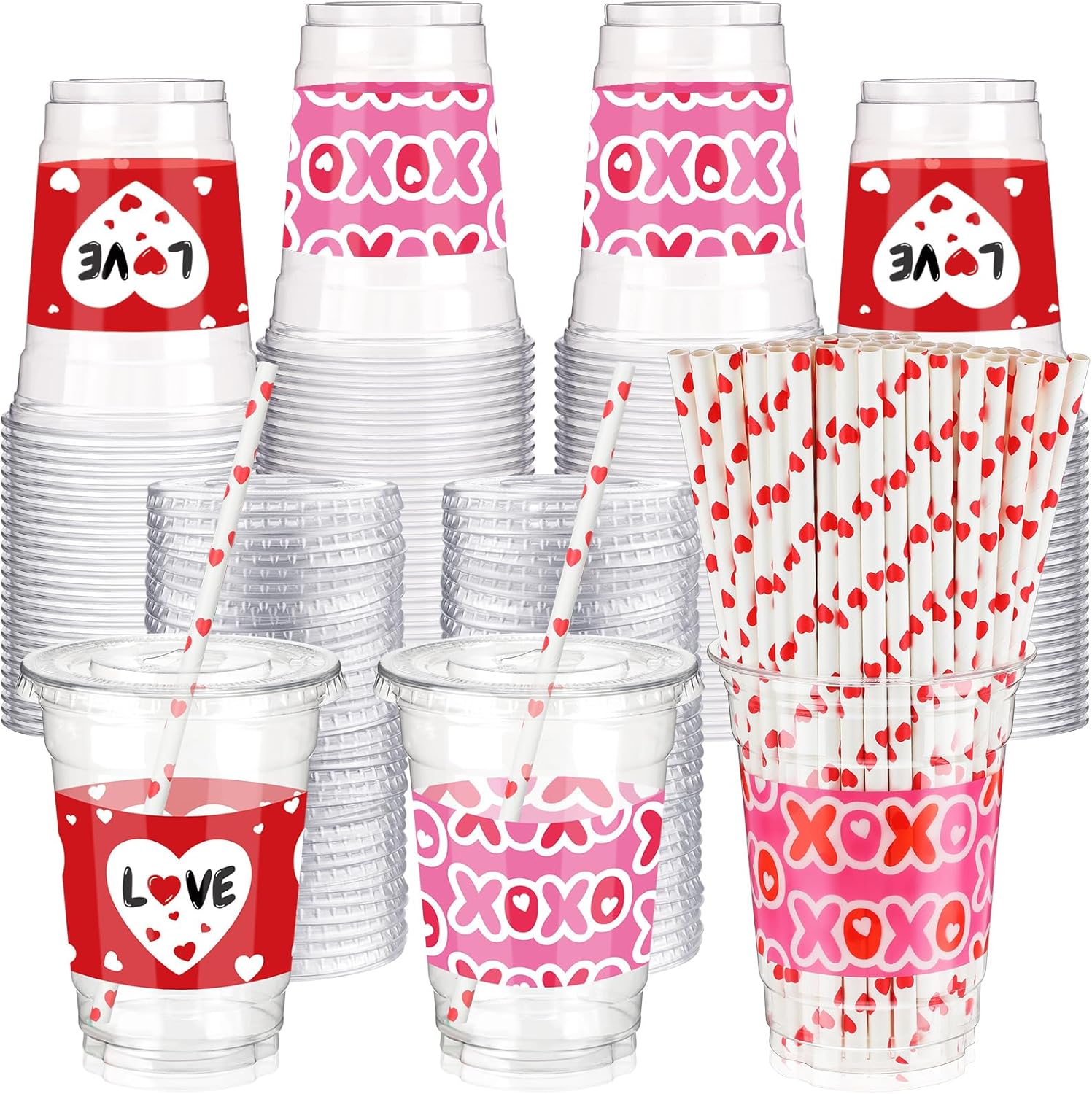 Yaomiao 300 Pcs 12 oz Valentine's Day Plastic Party Cups with Lids and Straw Valentine's Day Plastic Cup Heart Disposable Clear Tumbler Red Pink Disposable Drinking Set for Party Supply