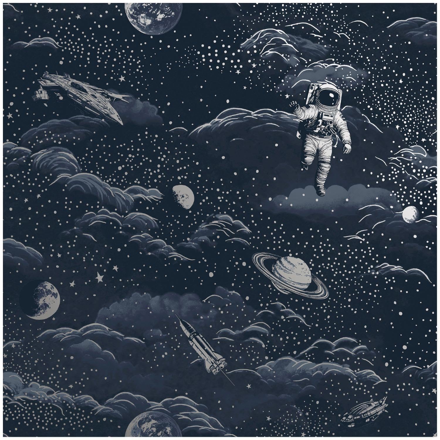 YöL Lost in Space Blue Silver Wallpaper - Kids Room Toy Room Bedroom Playroom Feature Statement Wall - Washable Wet Removable - 10.05m x 53cm Roll - Spaceships Planets Astronauts - 14050