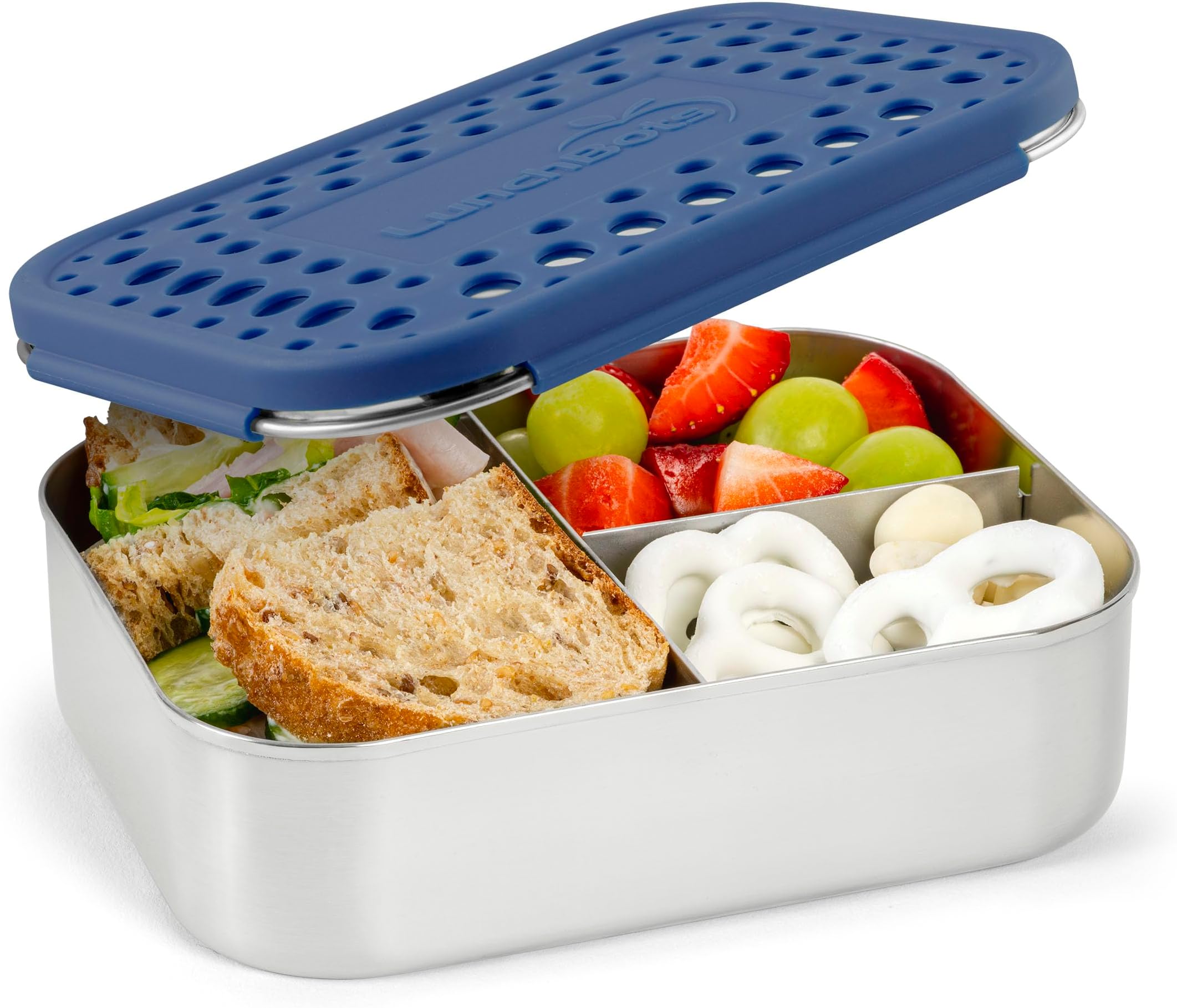 Medium Trio II Snack Container - Divided Stainless Steel Food Container - Three Sections for Snacks On the Go - Eco-Friendly, Dishwasher Safe, BPA-Free - Stainless Lid - Blue Dots