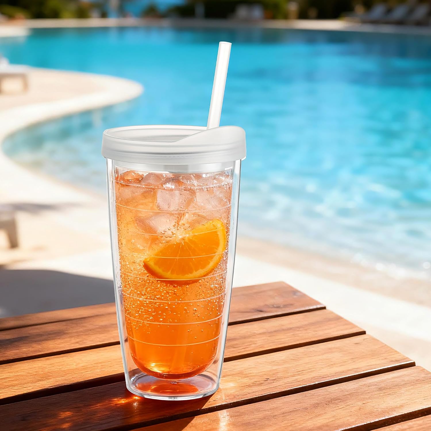 KX-WARE 20 Ounce Double Walled Colorful Tabletop Insulated Plastic Tumbler Cup with Lids and Straws, set of 4 Clear image 3