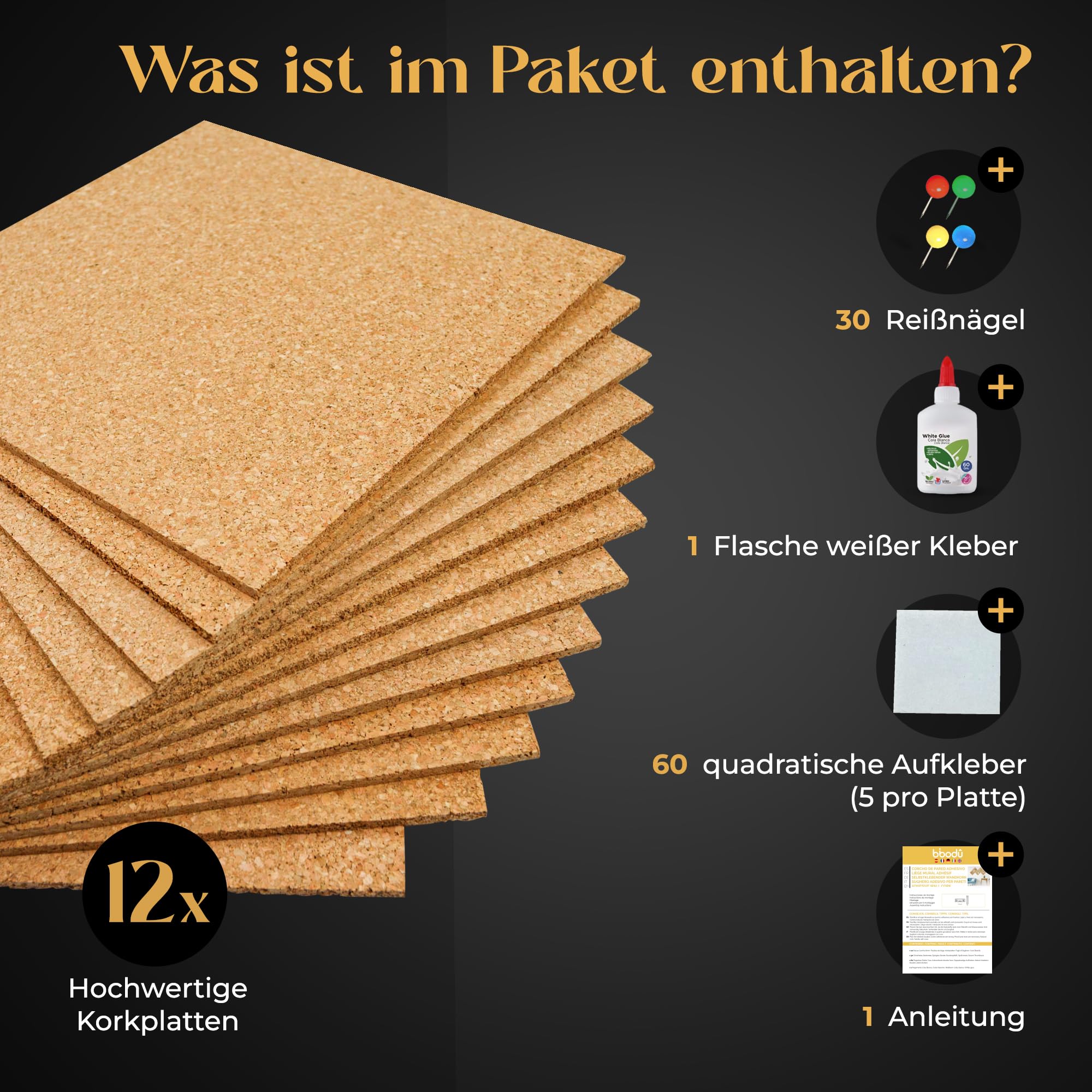 Pinnwand Kork | 12 Korkplatte 30cm x 30cm & 6mm Dicke | Enthält 30 Pins | Korkwand Selbstklebend | Korkwand Pinnwand | Korkplatten für die Wand - Anzeigen - Büro | Kork selbstklebend