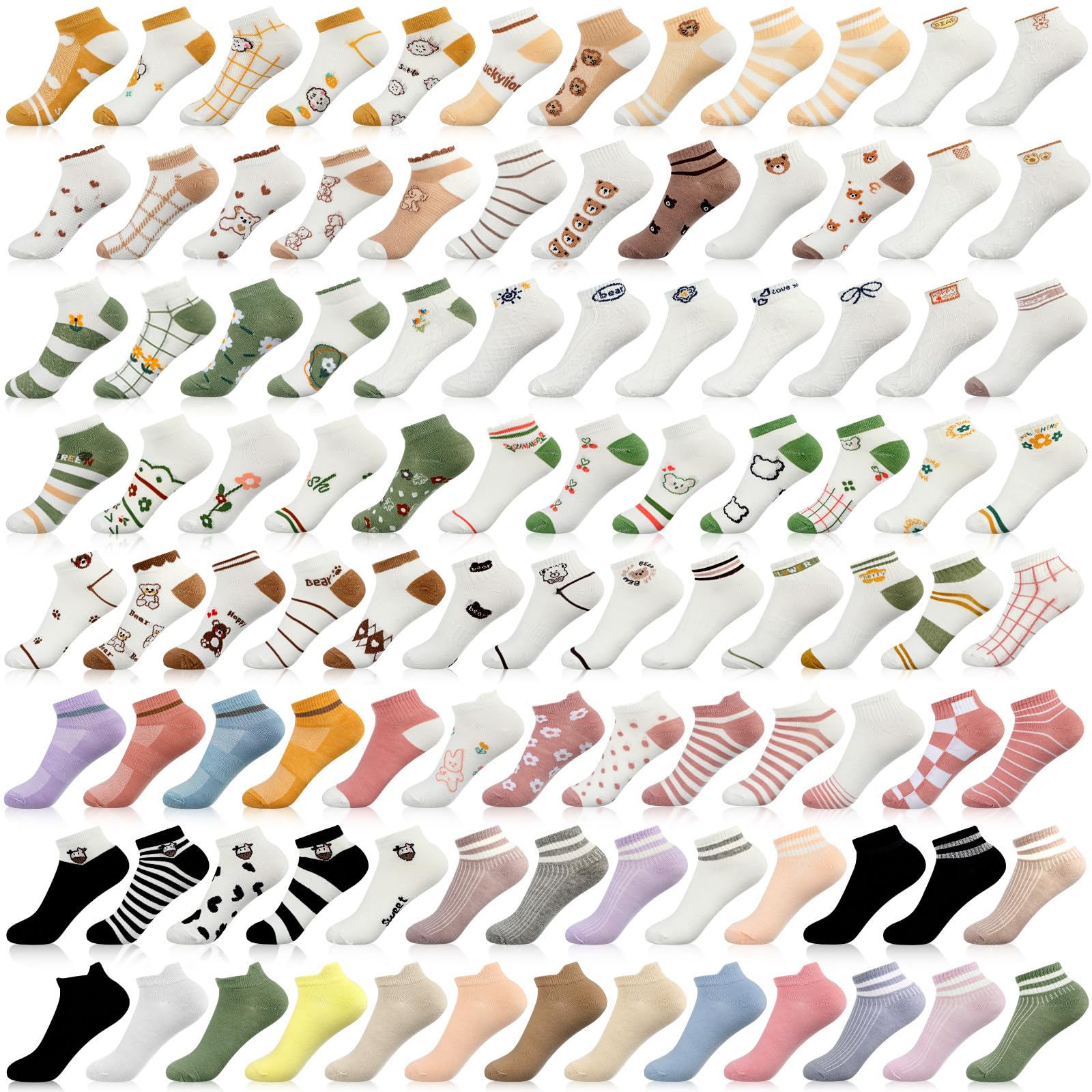 Mumufy 100 pares de calcetines de tobillo de corte bajo para mujer a granel con bonitos patrones bordados de corte bajo, calcetines invisibles delgados, transpirables, cómodos, a granel, calcetines