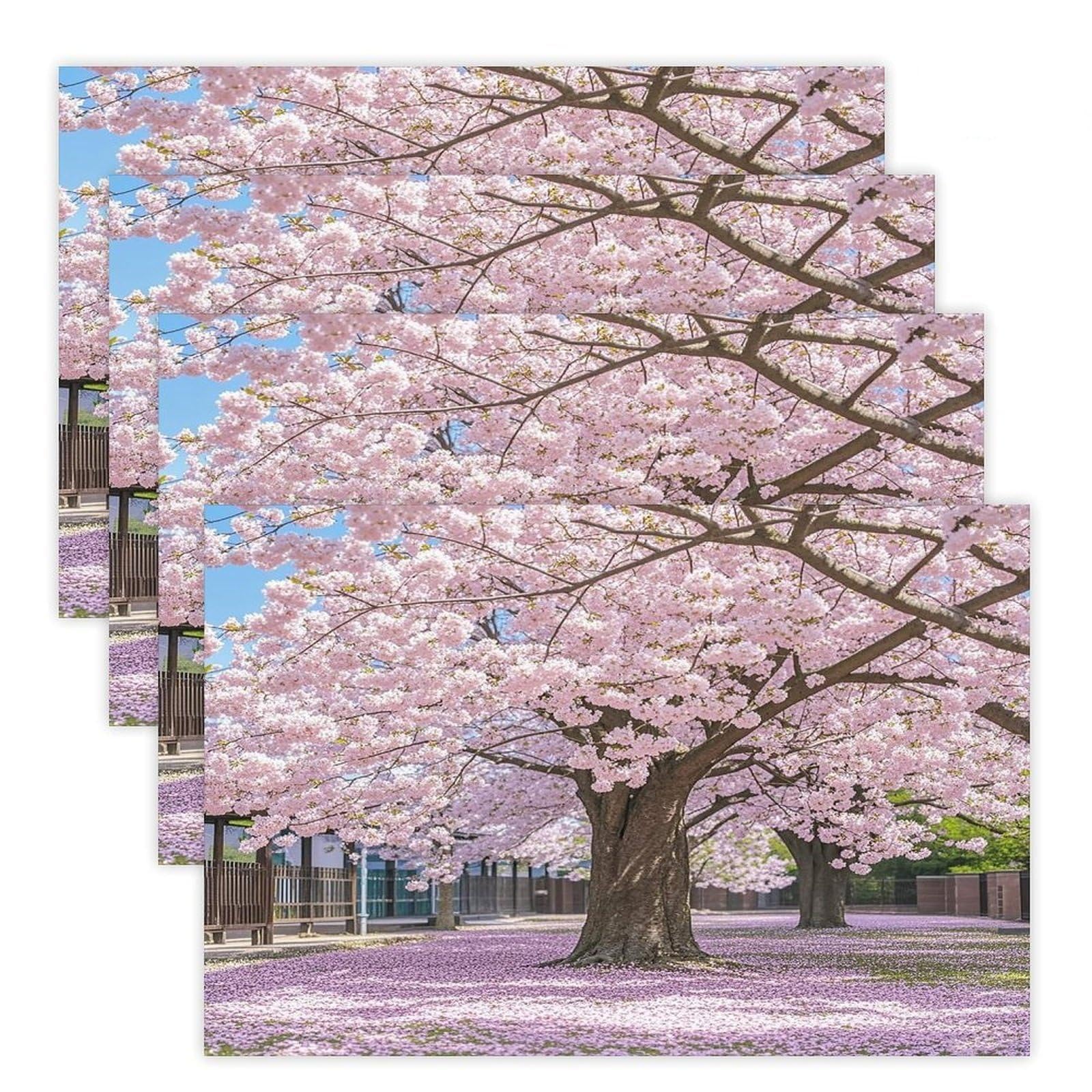 Cherry Blossom Placemats Flax Place Mats for Dining Table Rectangle Non-Slip Table Mats Heat Resistant Washable Placemat for Kitchen Home Decor Party Outdoor 12" X 18"