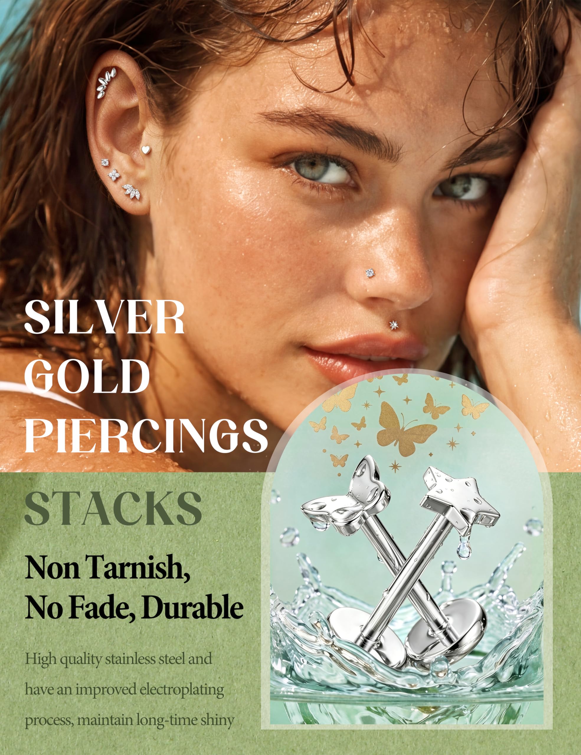 YADOCA 16G/18G tragus piercing biżuteria złoto srebro stal chirurgiczna wewnętrznie gwintowane płaskie kolczyki z tyłu cyrkonia warga bar kolczyk do nosa chrząstka labret muszla helix piercing