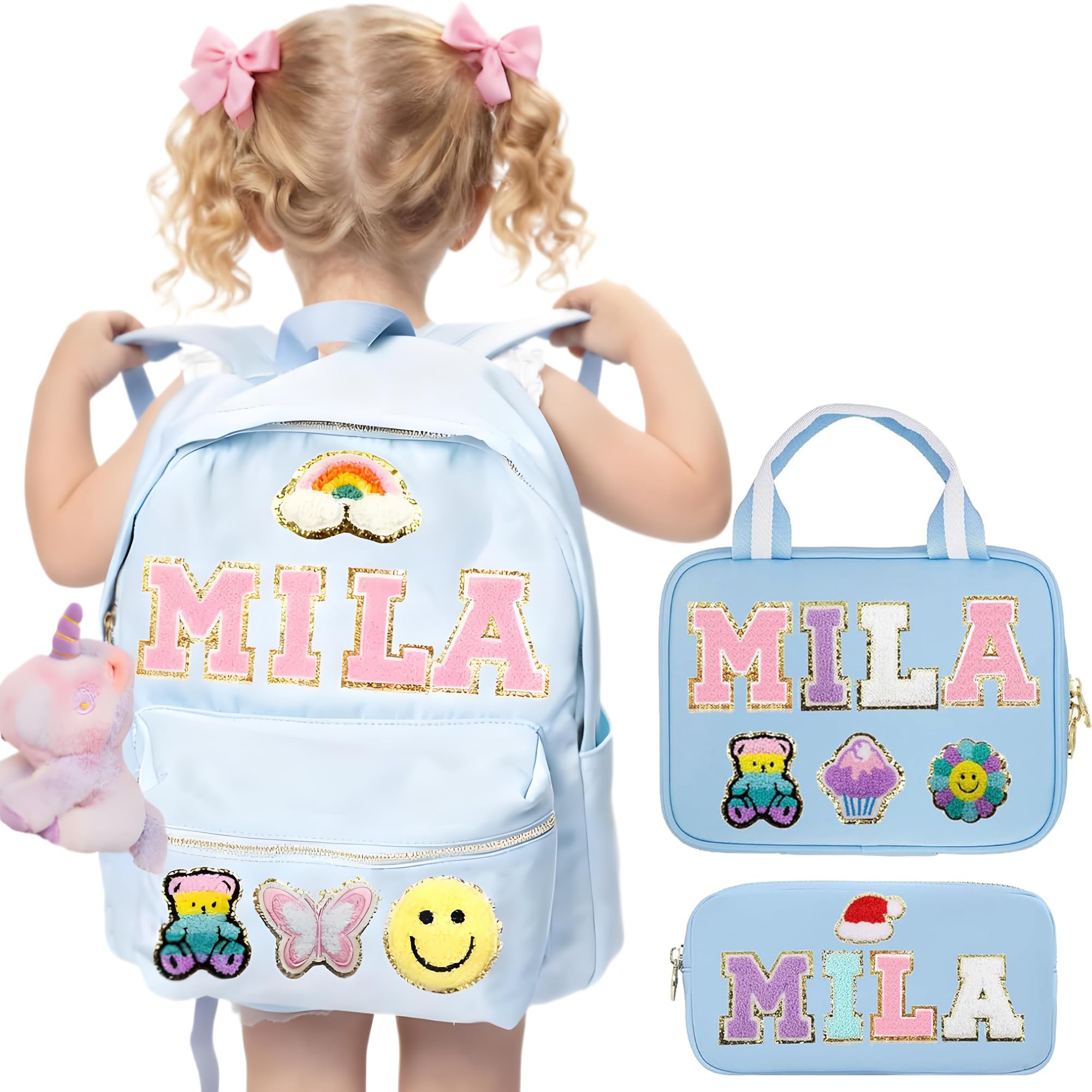 ROSLILY Personalized Backpack Lunch Bag for Girls Boys Custom Back To School Backpack With Chenille Name Patch for Students Birthday Christmas Easter