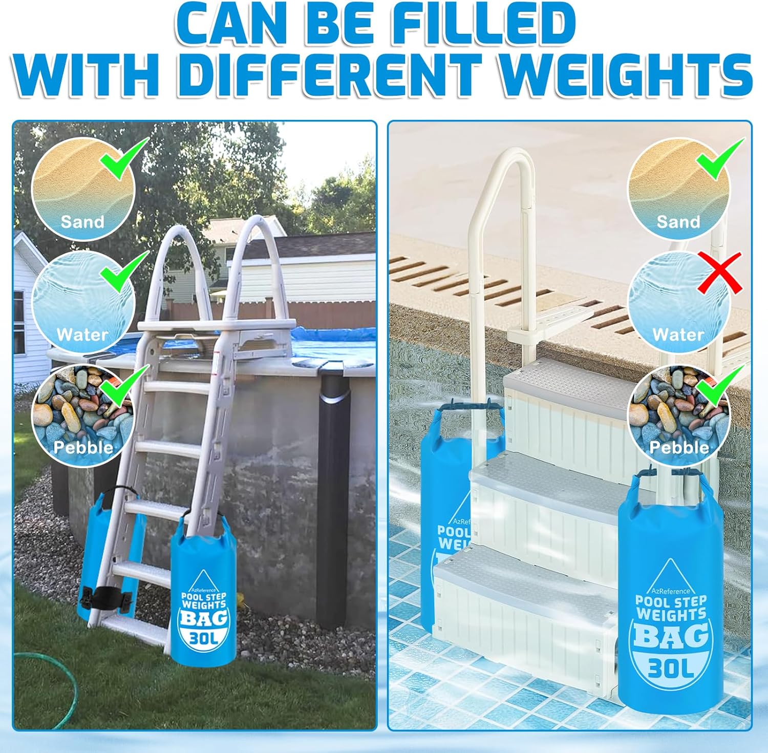 2 Pack Heavy Duty Pool Ladder Weights, 500D PVC Waterproof Pool Step Sand Bags for Above Ground Swimming Pools Stair, 30L/65LB Universal Foldable Pool Stair Weight with Handles