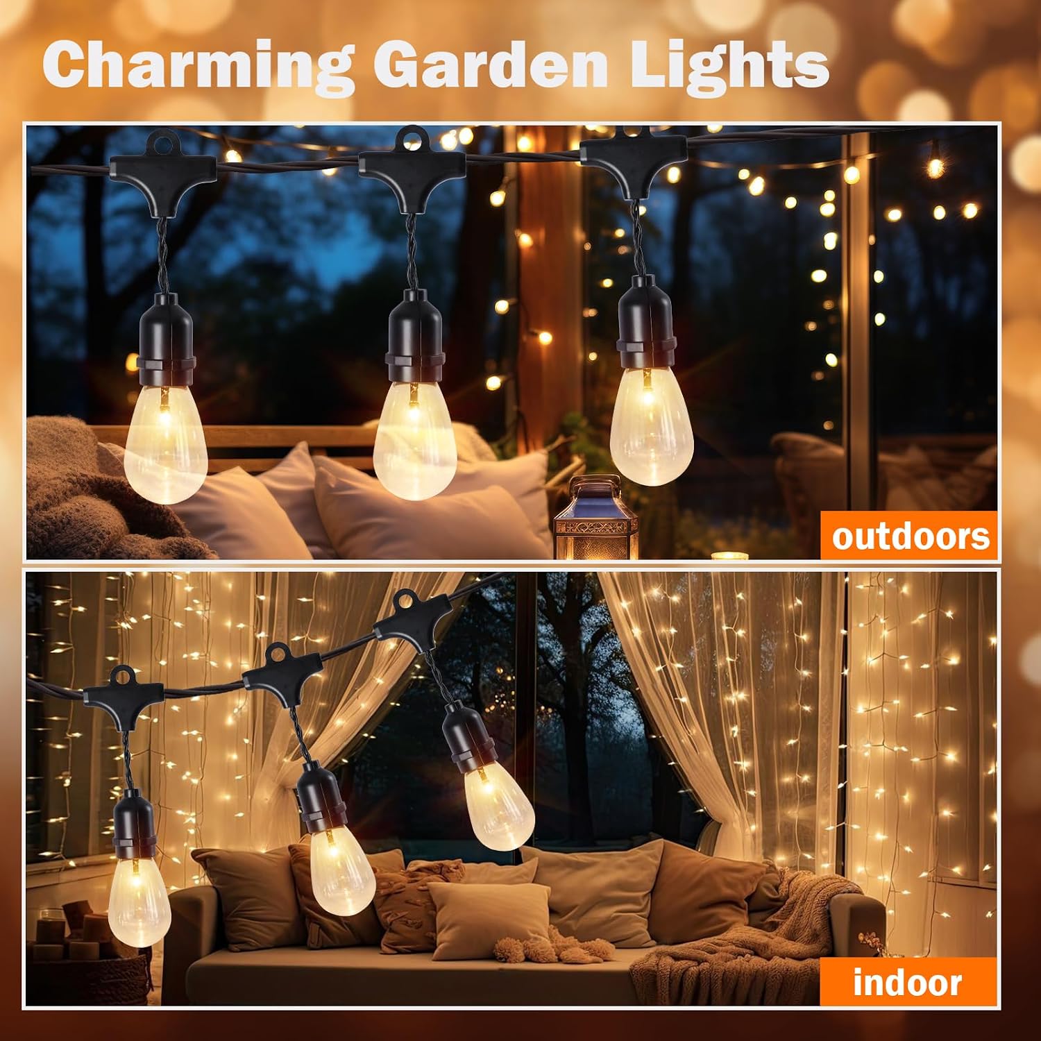 Afirst Solar Outdoor String Lights Waterproof 11FT with 15 LED Bulbs Shatterproof, UL Listed Solar Patio Lights for Garden, Backyard, Porch