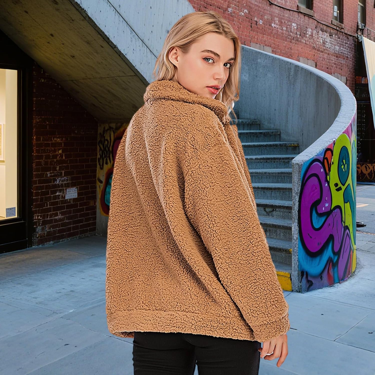 Comeon Women's Winter Warm Faux Fur Coat Long Sleelve Cardigan Boyfriend Shearling Fuzzy Jacket with Pockets - Image 4