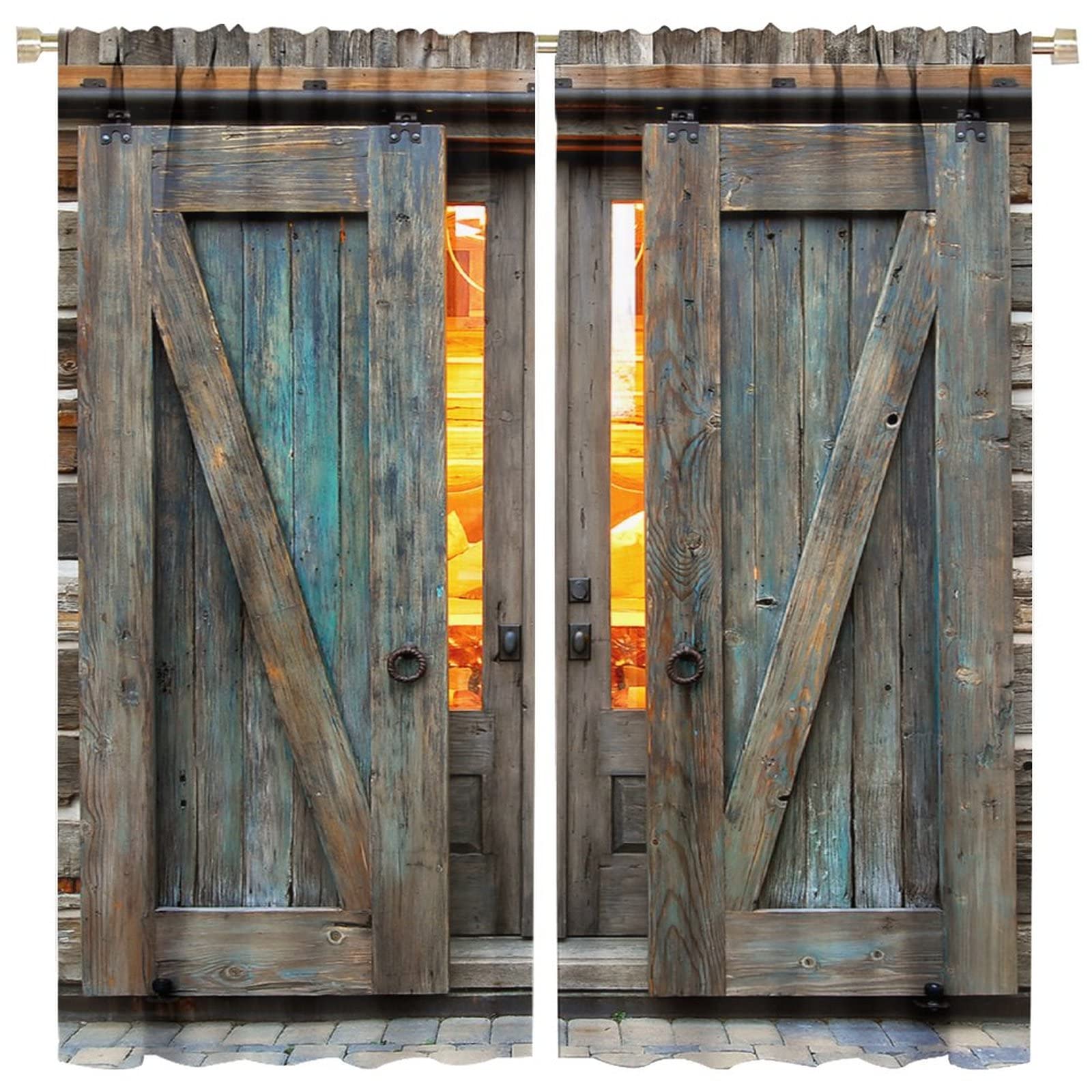 Farmhouse Barn Door Curtains,Rustic Countryside Blue Brown Wooden Barn Door Print Window Drapes for Kids Boys Bedroom Living Room Kitchen Decoration