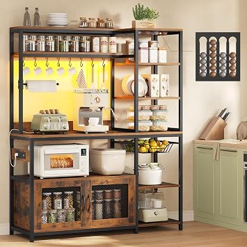 47.2 in Bakers Rack with Power Outlet & LED Light, Coffee Bar with Coffee Pod Holder for Vetuo, Kitchen Microwave Stand with Storage Shelves, Paper Holder, Cabinet, Wire Basket, 8 Hooks Rustic Brown