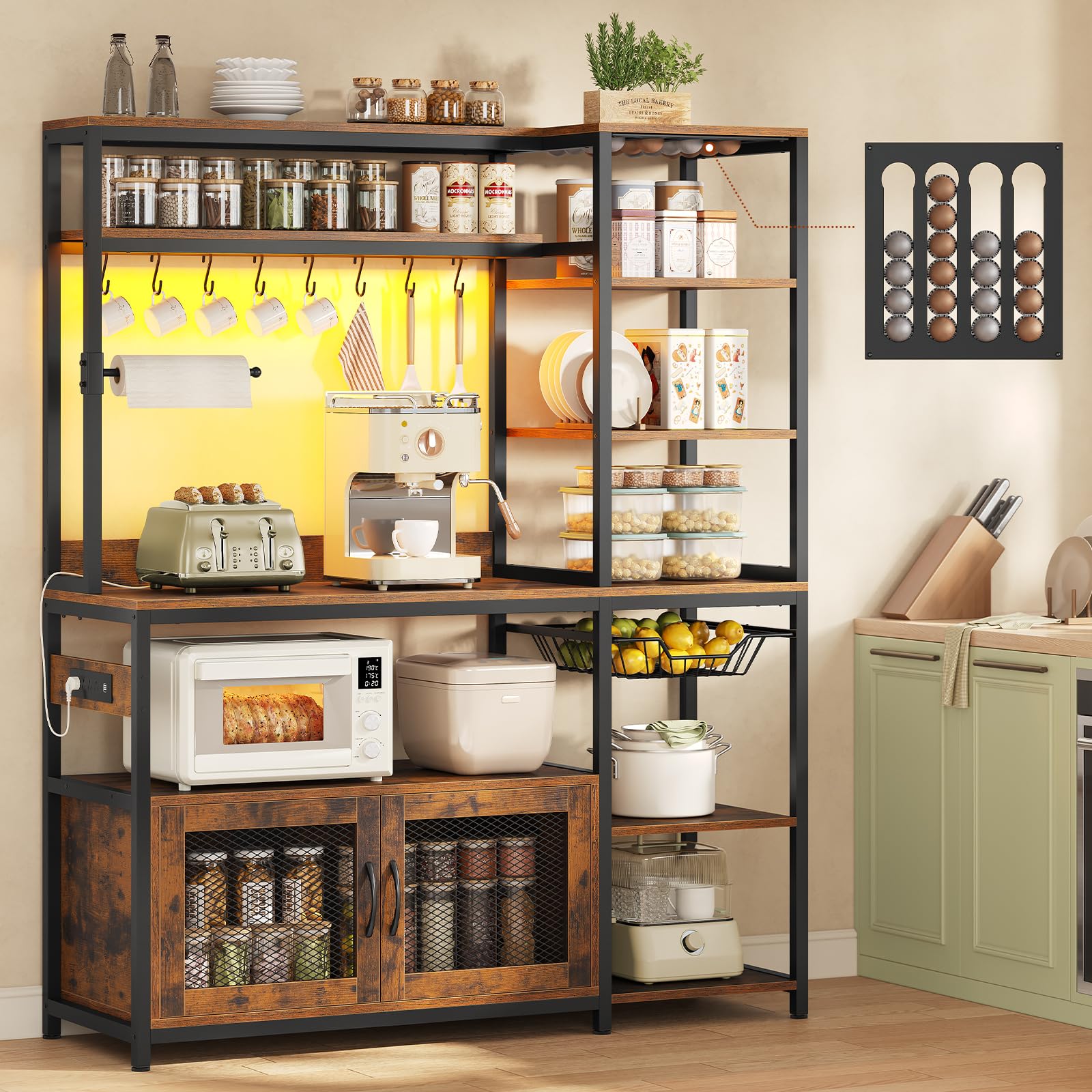 47.2 in Bakers Rack with Power Outlet & LED Light, Coffee Bar with Coffee Pod Holder for Vetuo, Kitchen Microwave Stand with Storage Shelves, Paper