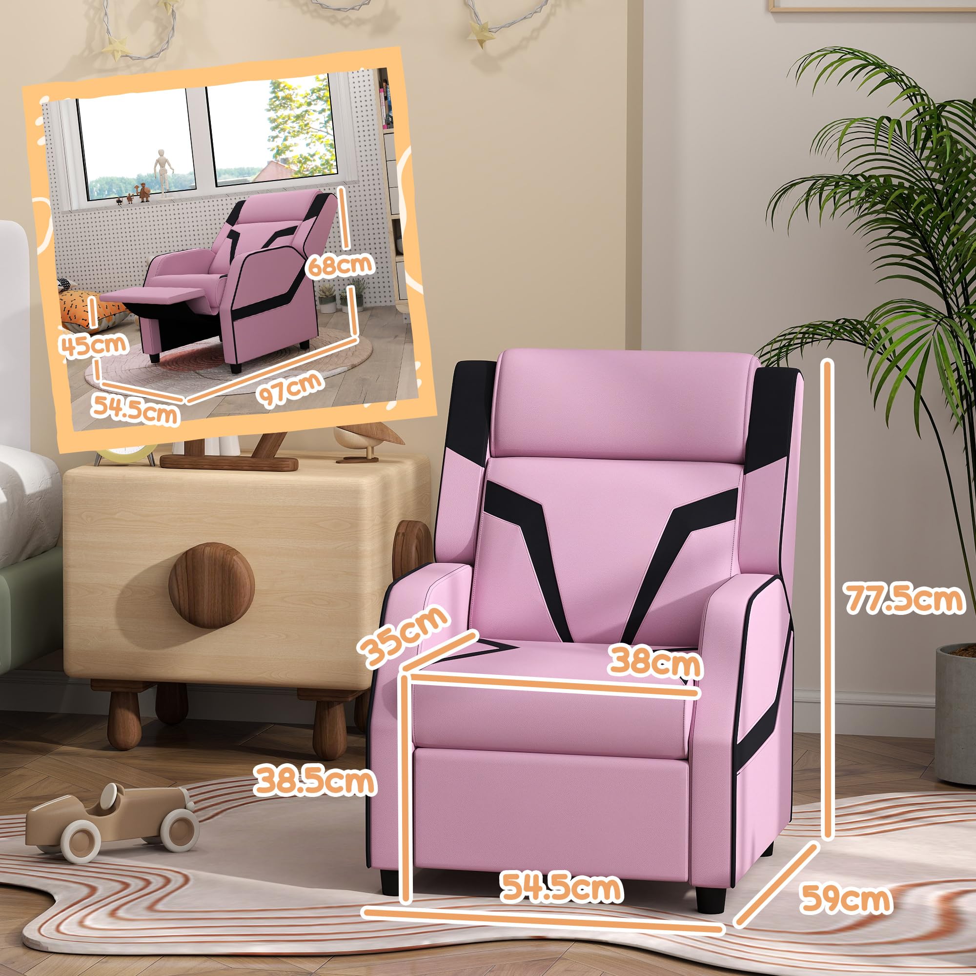 AIYAPLAY Sillón reclinable para niños, 2 en 1 Sillón reclinable para juegos de niños con respaldo, reposabrazos, reposapiés, de salón de cuero de PU para sala de juegos, dormitorio, habitación