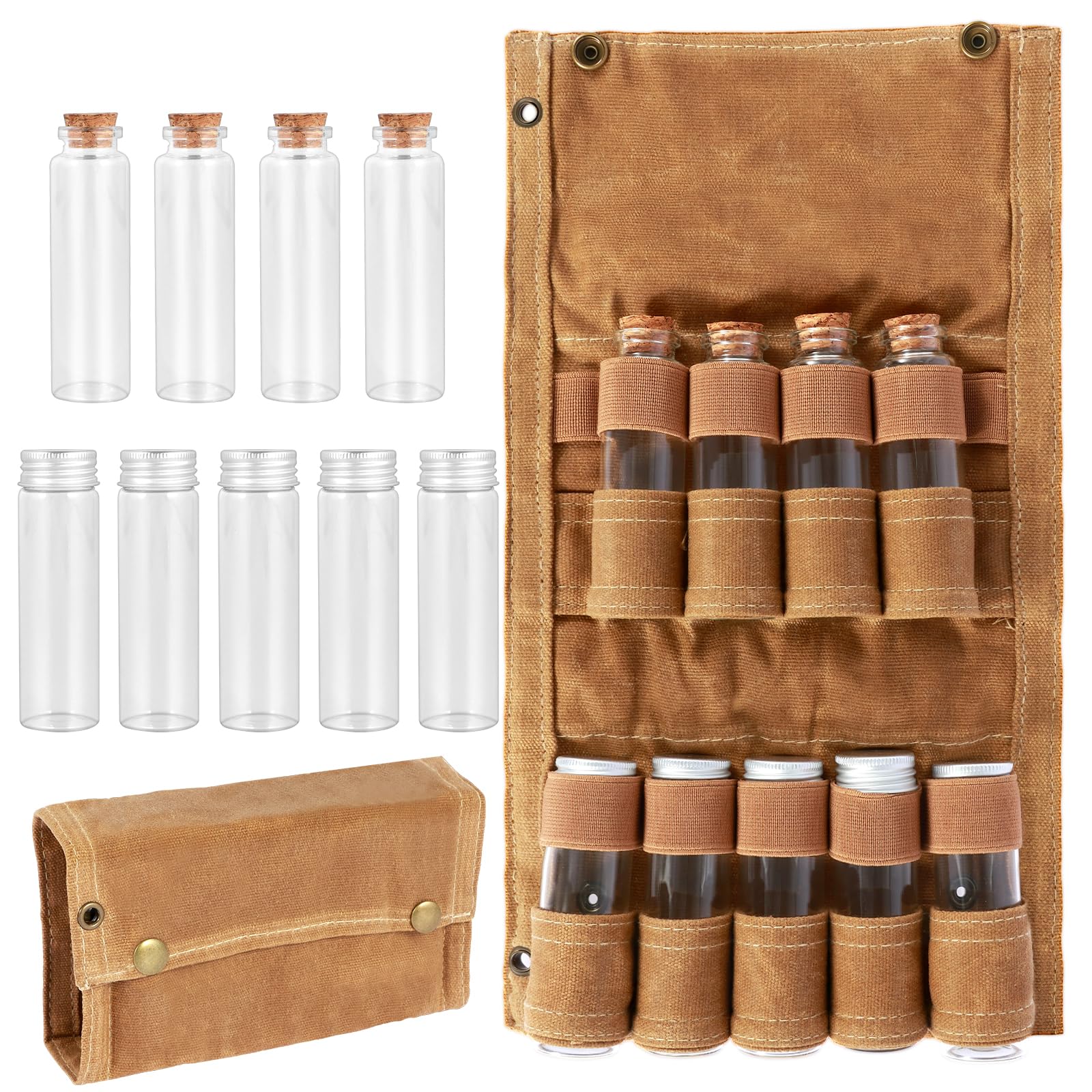 Foribyw Portable Spice Bag with 9 Spice Jars Canvas Seasoning Bottle Holder with Thread Hole Travel Condiment Container Camping Spice Kit for Outdoor BBQ Picnic