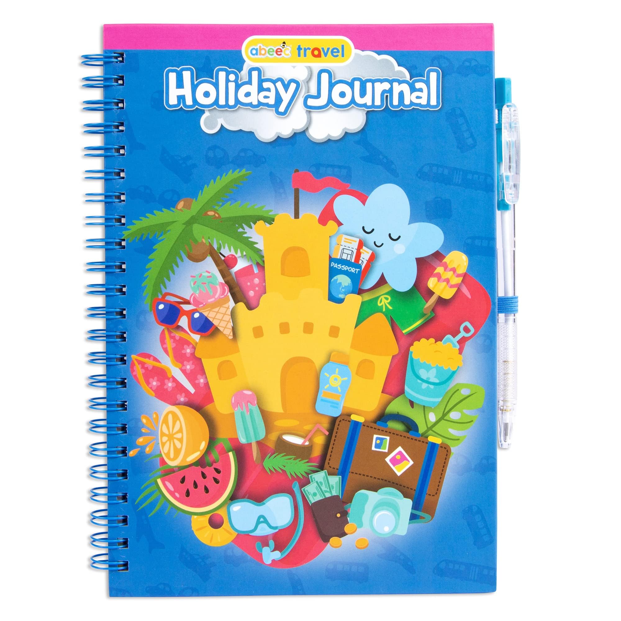 abeec Kids Holiday Journal | Summer Travel Activity Book with Pen | Vacation Diary with Checklists, Puzzles & Games | 50 Pages of Travel Activities, Prompts & Lined Writing Space