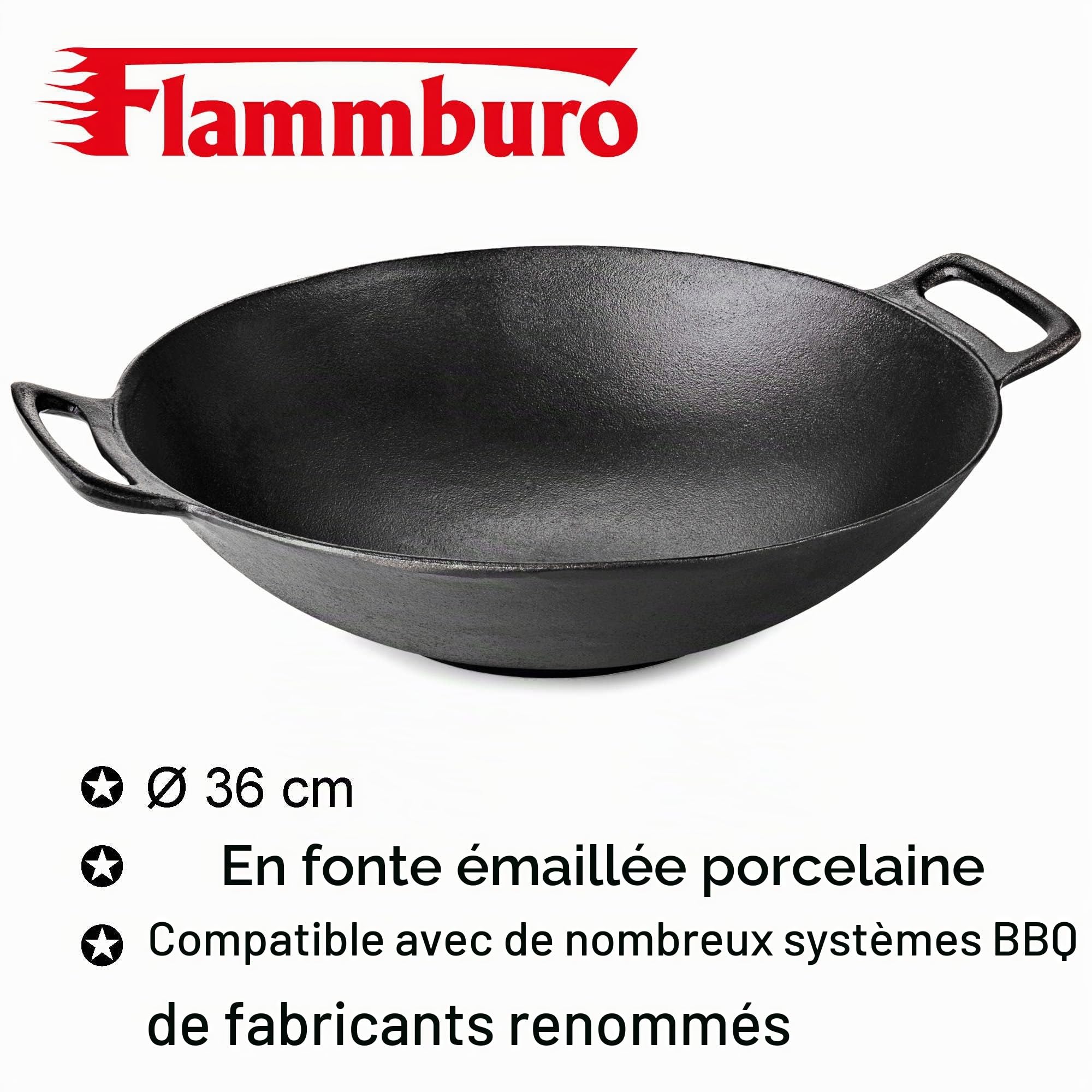 FLAMMBURO BBQ-SYSTEM Wok Ø 36 cm – Fonte avec revêtement en porcelaine émaillée – Pour légumes et viandes – Diamètre 36 cm – Compatible avec les systèmes de barbecue du marché de fabricants renommés