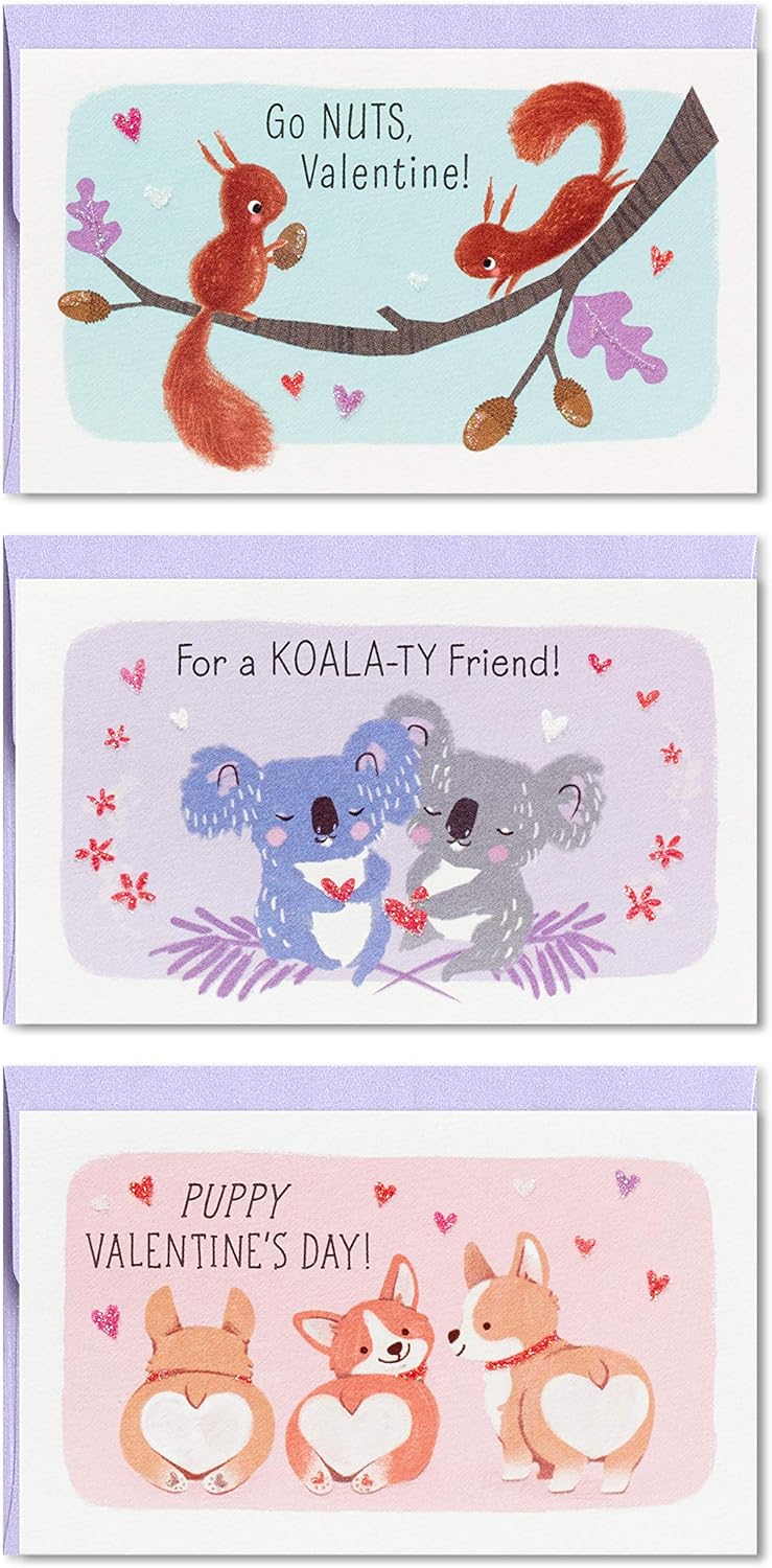 Hallmark Kids Mini Valentines Day Cards Assortment, 12 Classroom Cards with Envelopes Corgis, Squirrels, Koalas